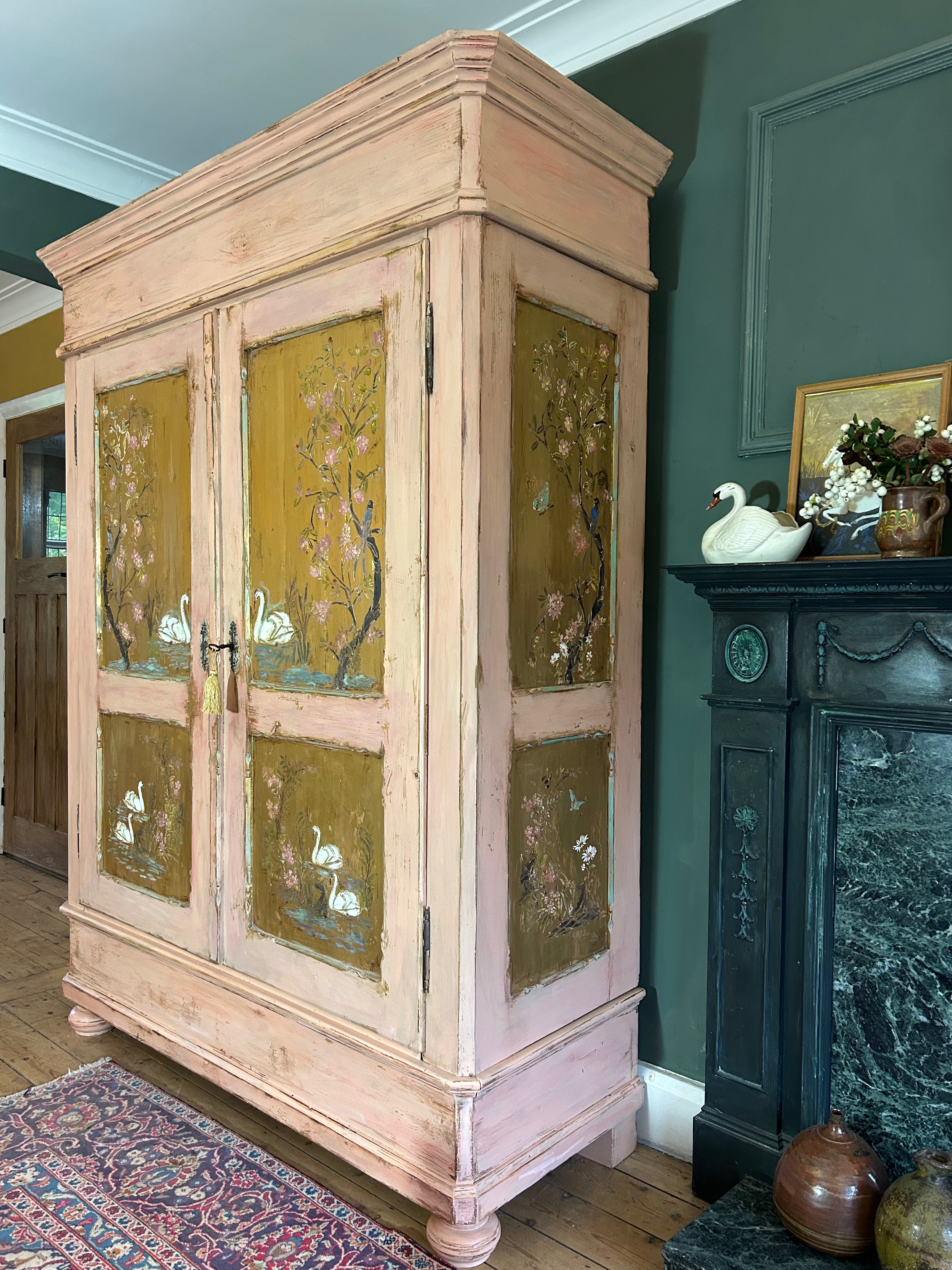 Antique Painted Pine Wardrobe with Chinoiserie Panels