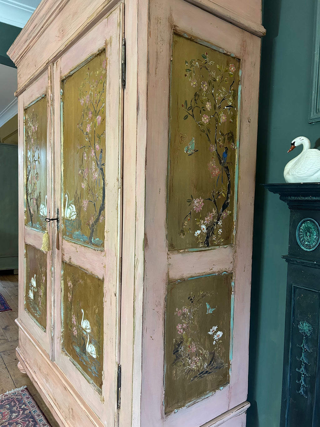 Antique Painted Pine Wardrobe with Chinoiserie Panels