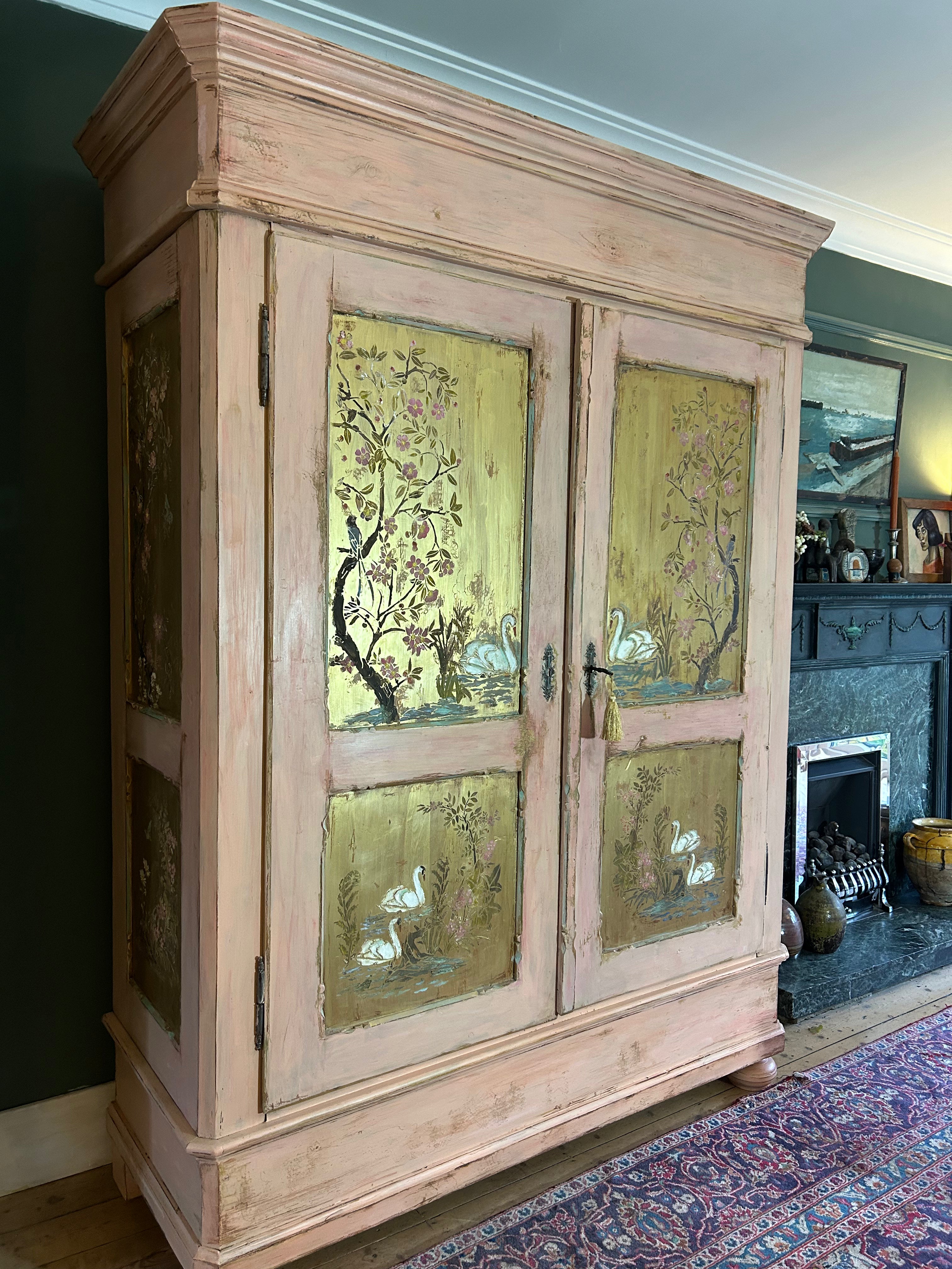 Antique Painted Pine Wardrobe with Chinoiserie Panels
