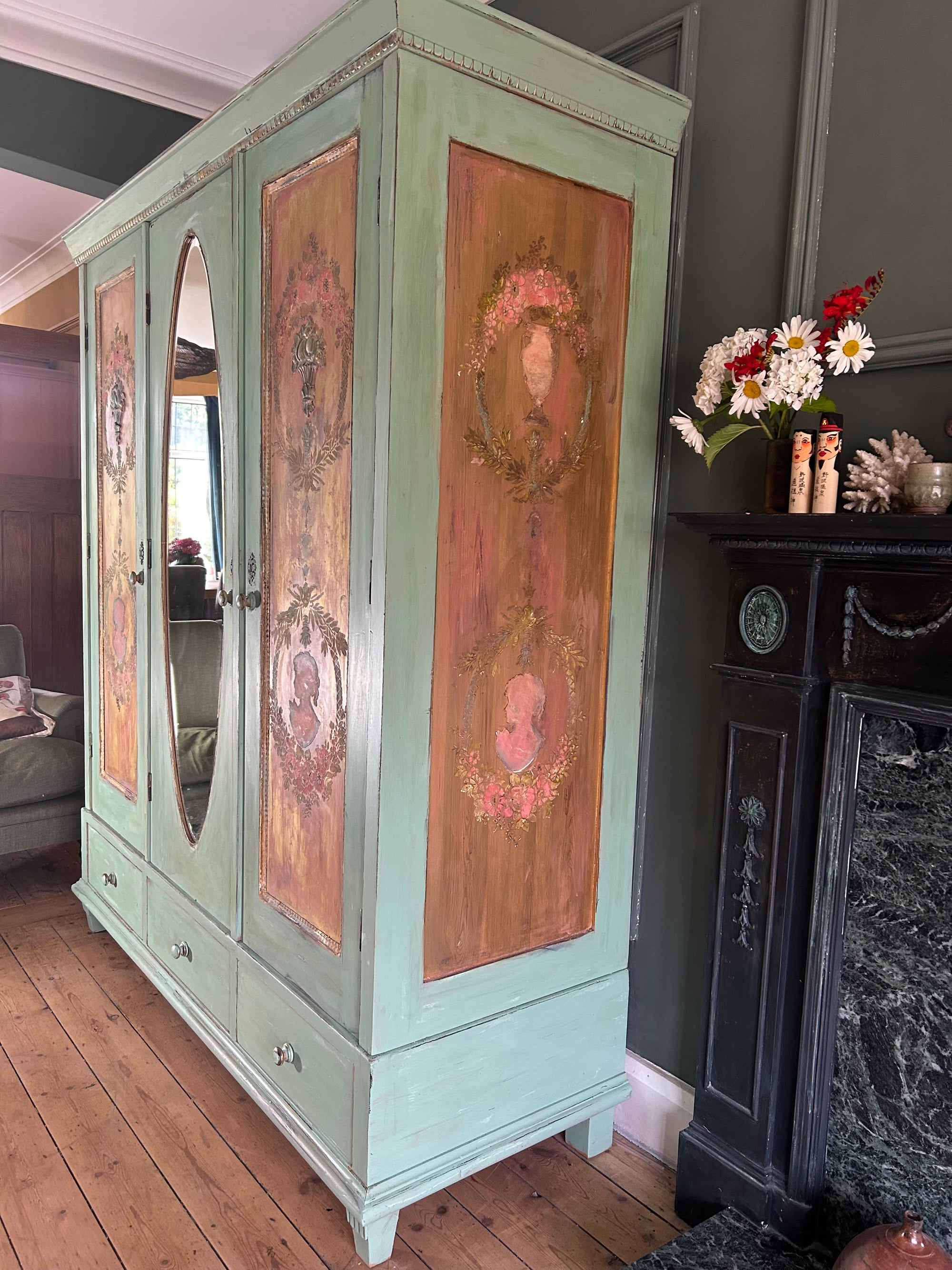 Vintage Painted Pine Triple Wardrobe with Inlaid Chinoiserie