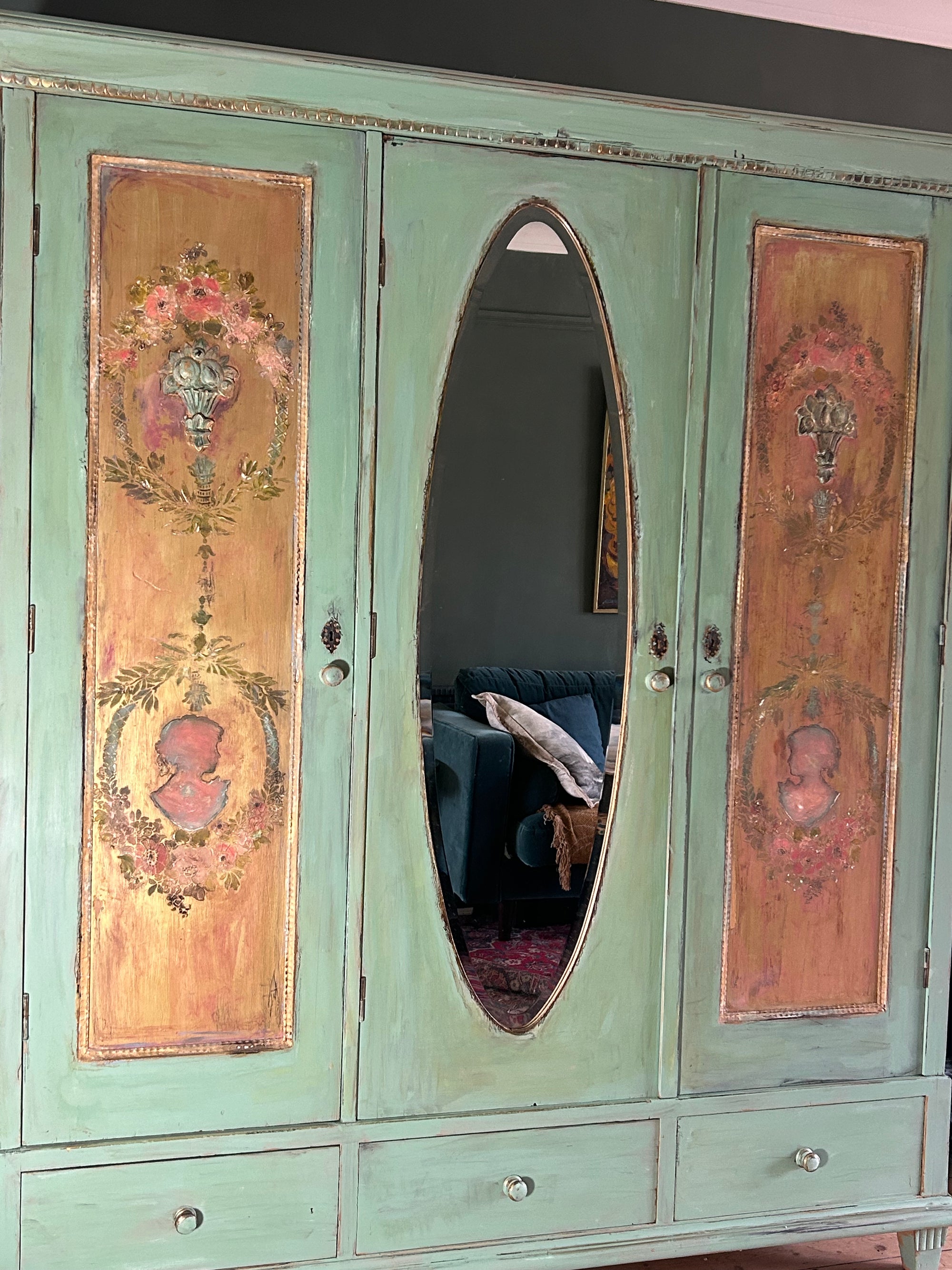 Vintage Painted Pine Triple Wardrobe with Inlaid Chinoiserie