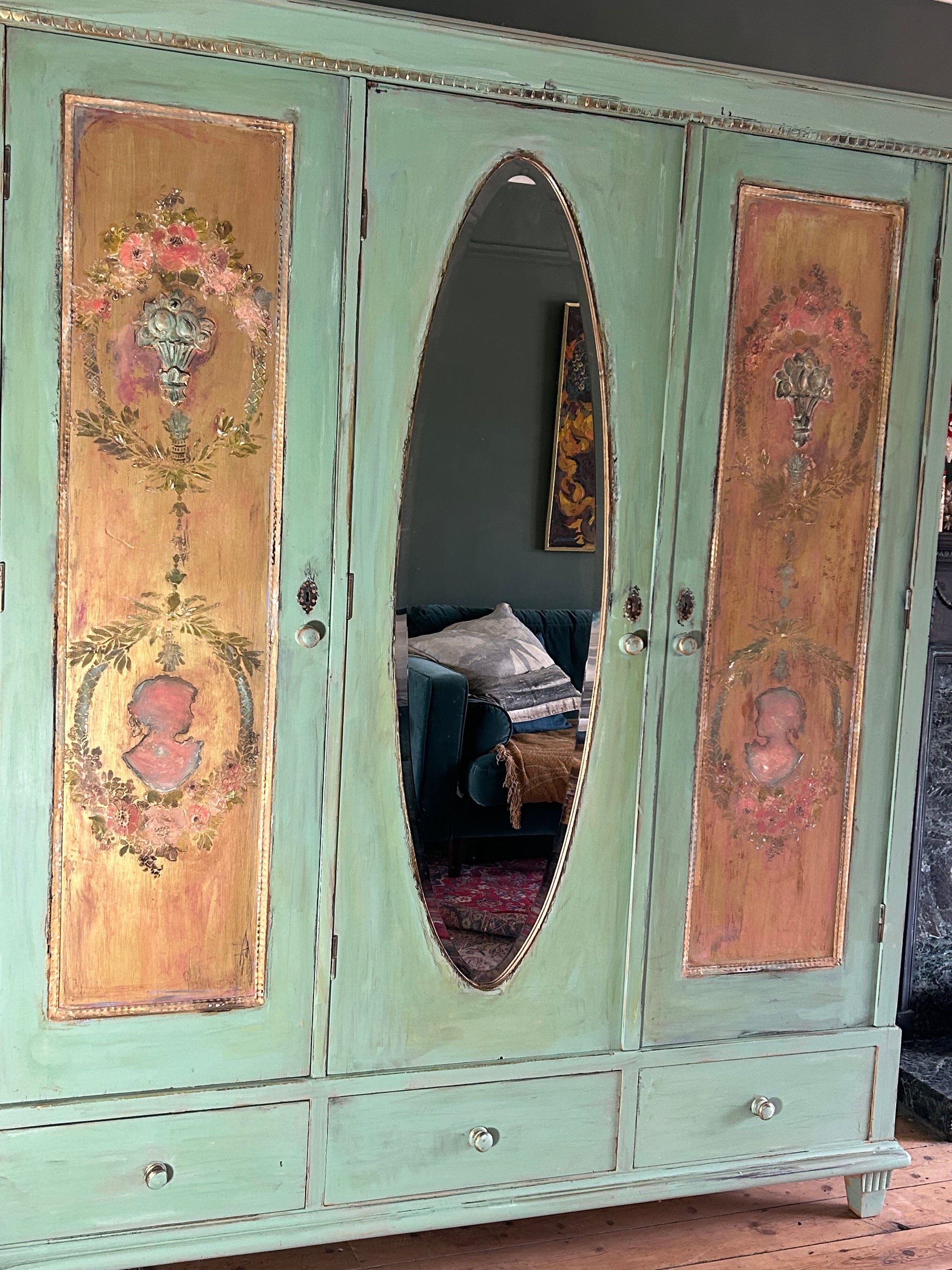 Vintage Painted Pine Triple Wardrobe with Inlaid Chinoiserie