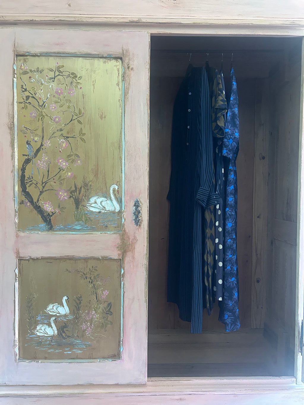 Antique Painted Pine Wardrobe with Chinoiserie Panels