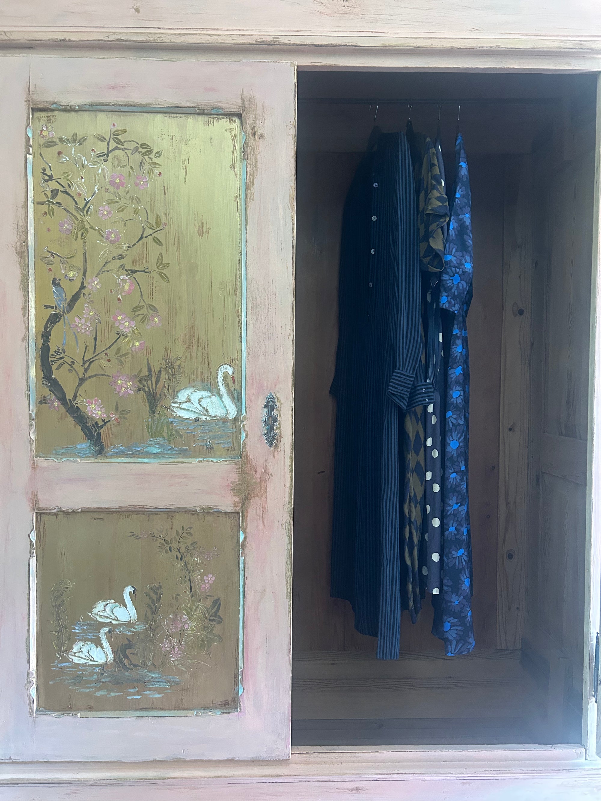Antique Painted Pine Wardrobe with Chinoiserie Panels