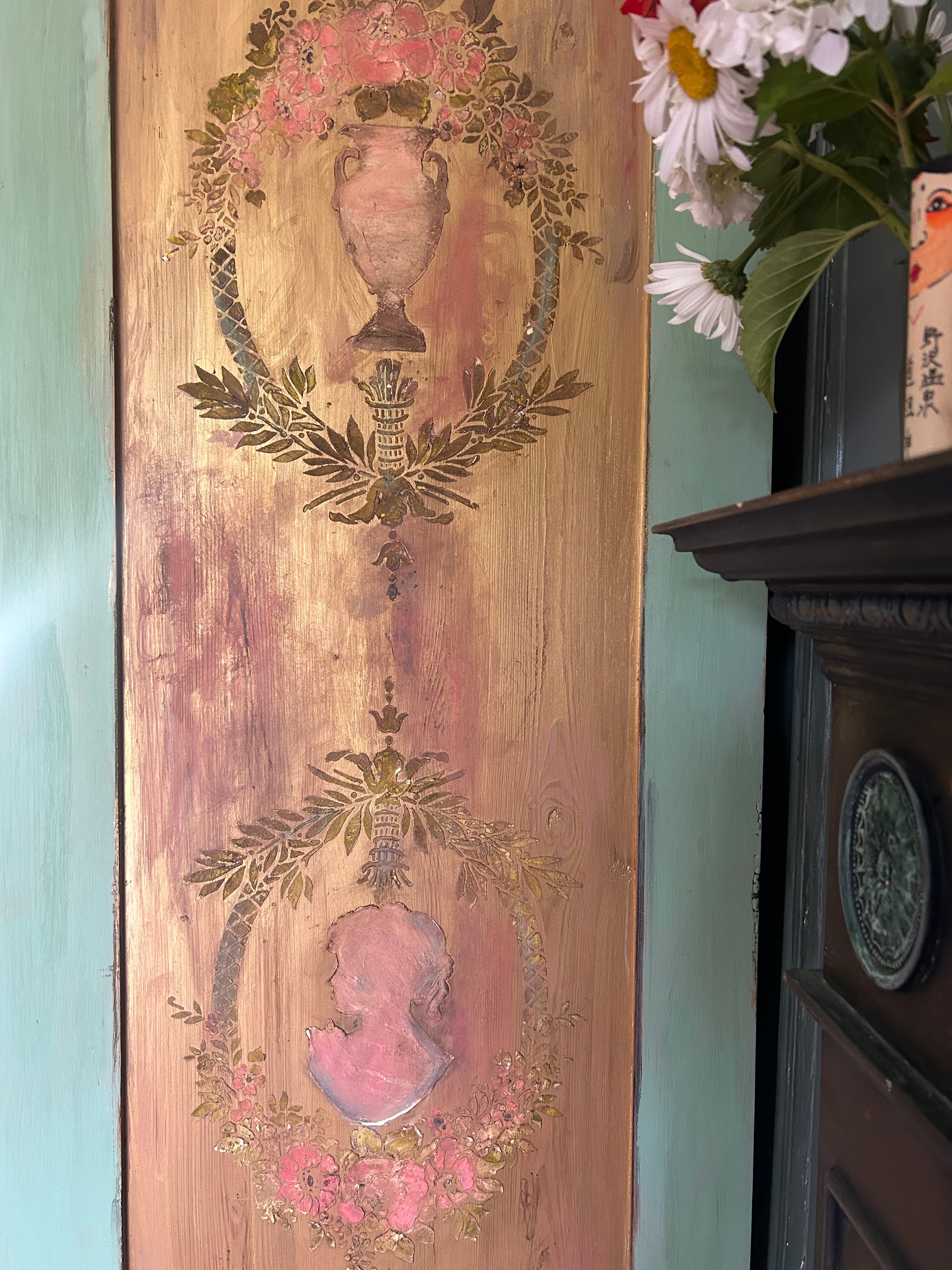 Vintage Painted Pine Triple Wardrobe with Inlaid Chinoiserie