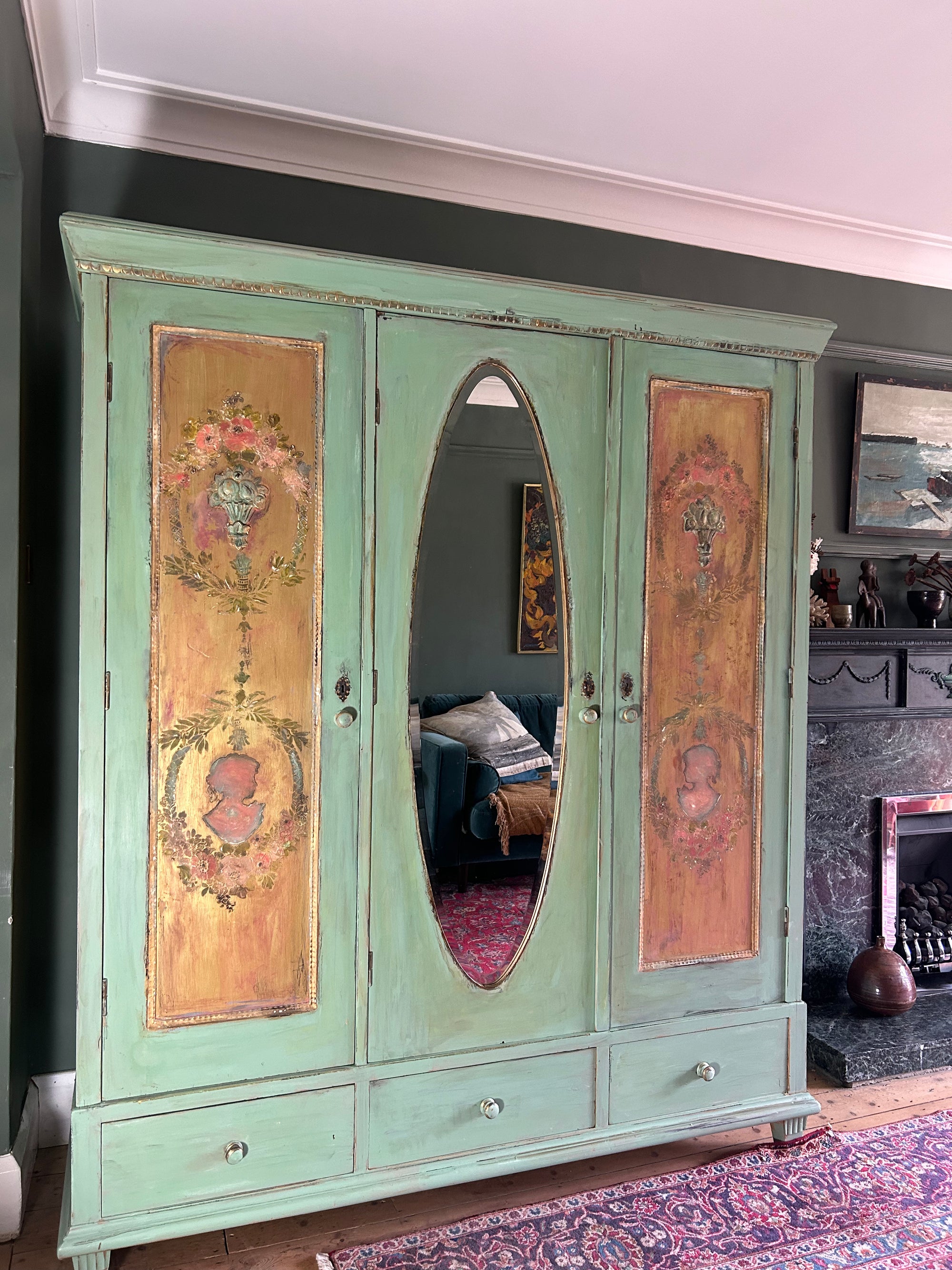 Vintage Painted Pine Triple Wardrobe with Inlaid Chinoiserie