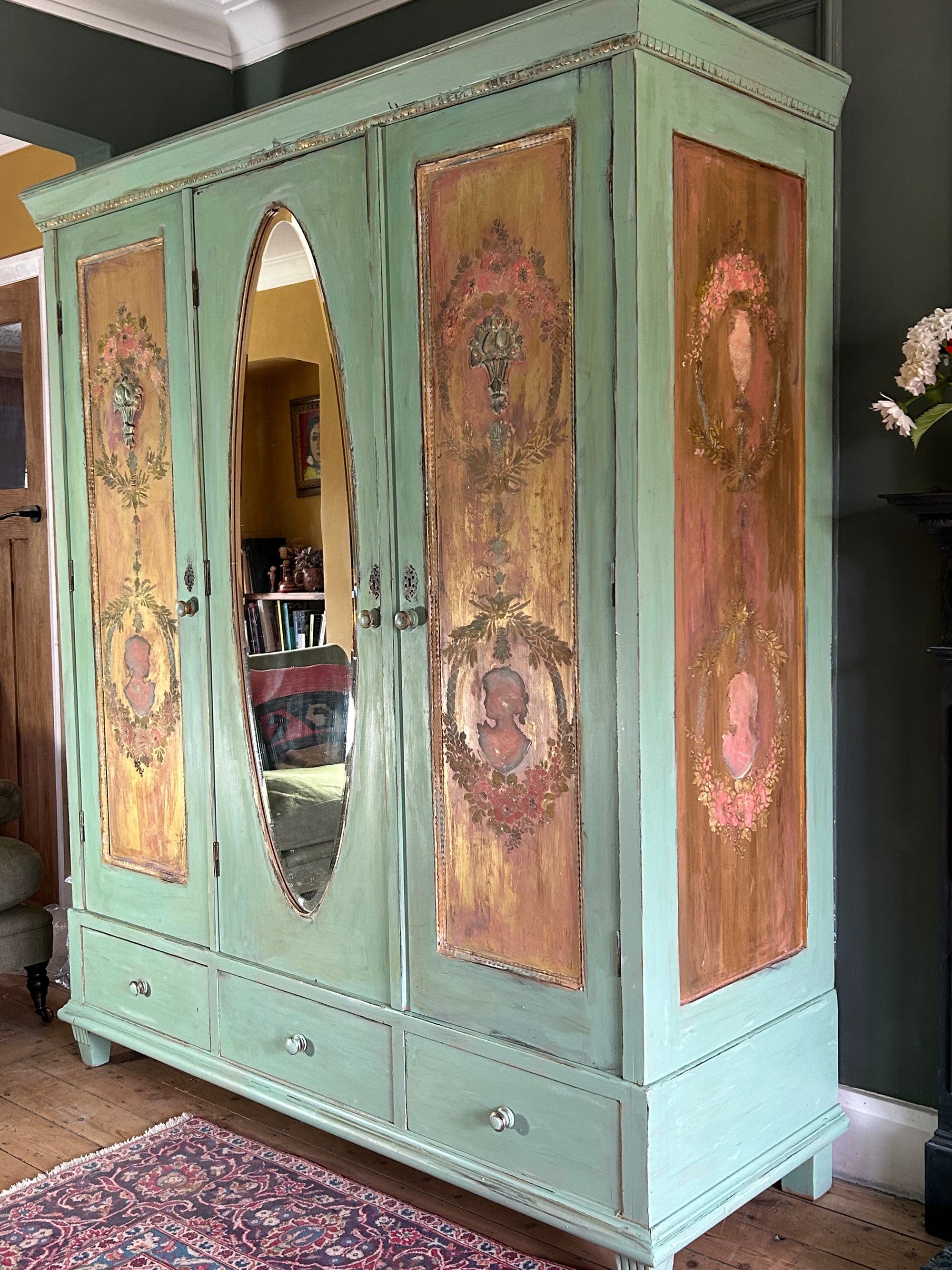 Vintage Painted Pine Triple Wardrobe with Inlaid Chinoiserie