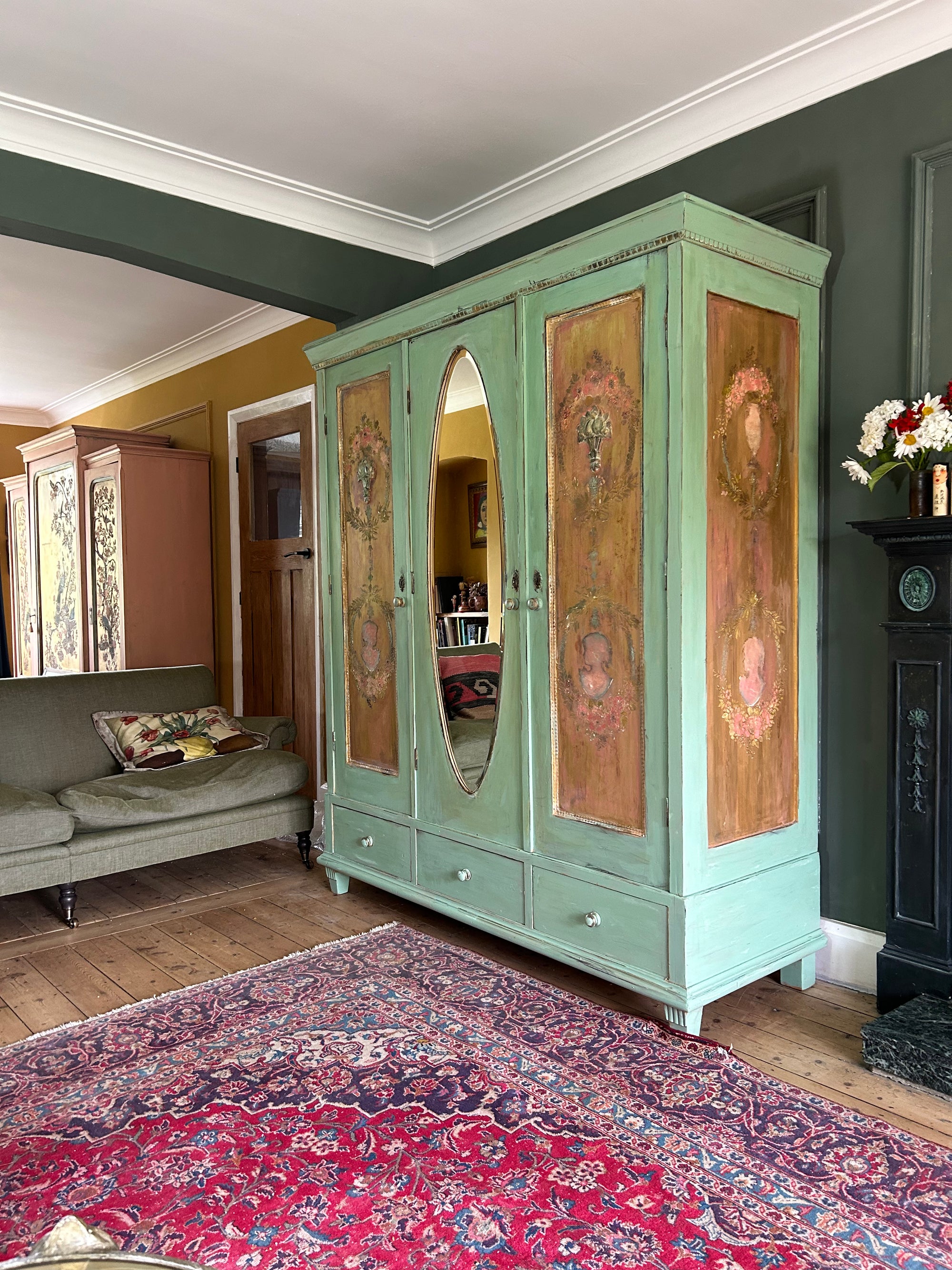 Vintage Painted Pine Triple Wardrobe with Inlaid Chinoiserie