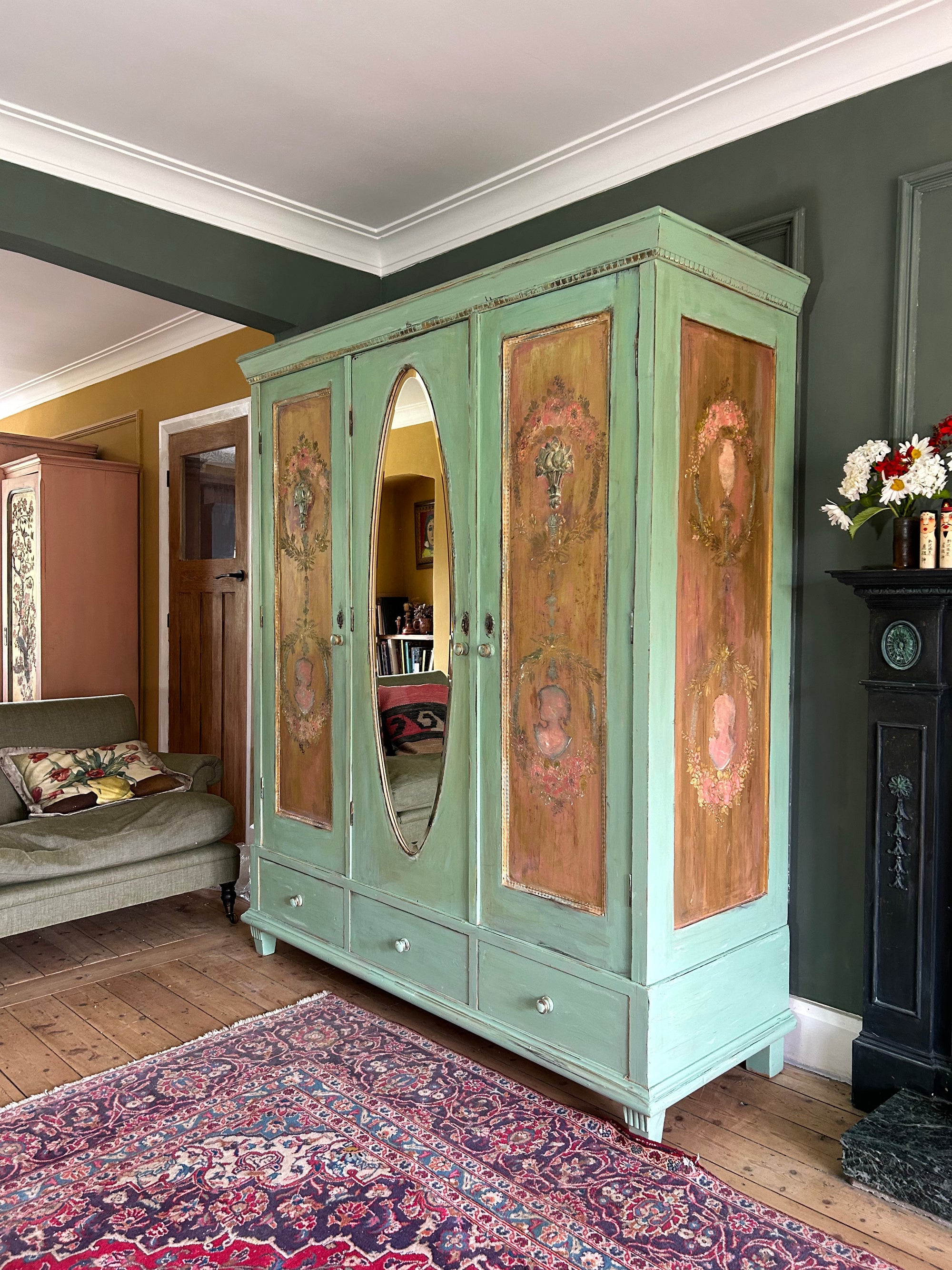 Vintage Painted Pine Triple Wardrobe with Inlaid Chinoiserie