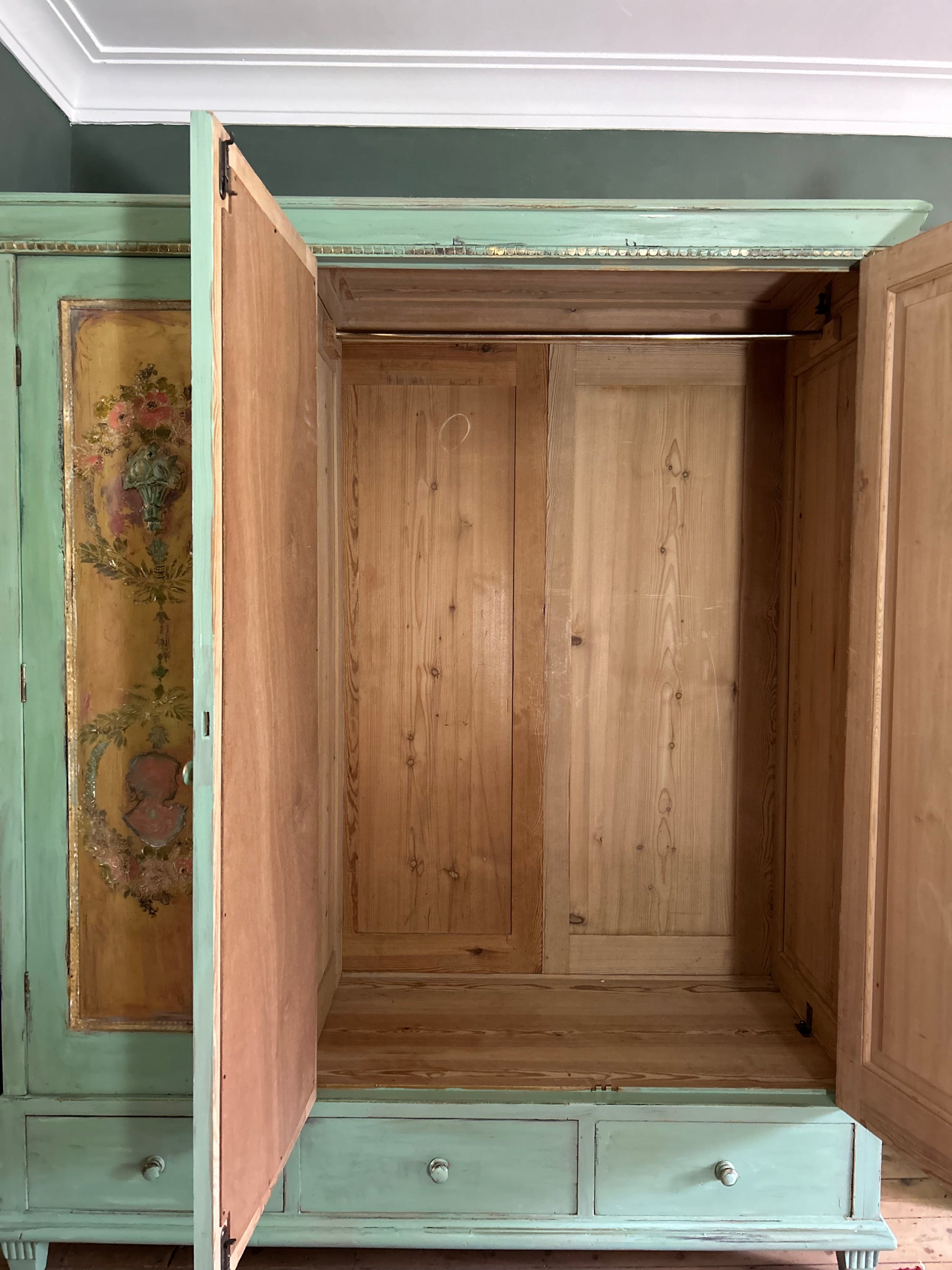 Vintage Painted Pine Triple Wardrobe with Inlaid Chinoiserie