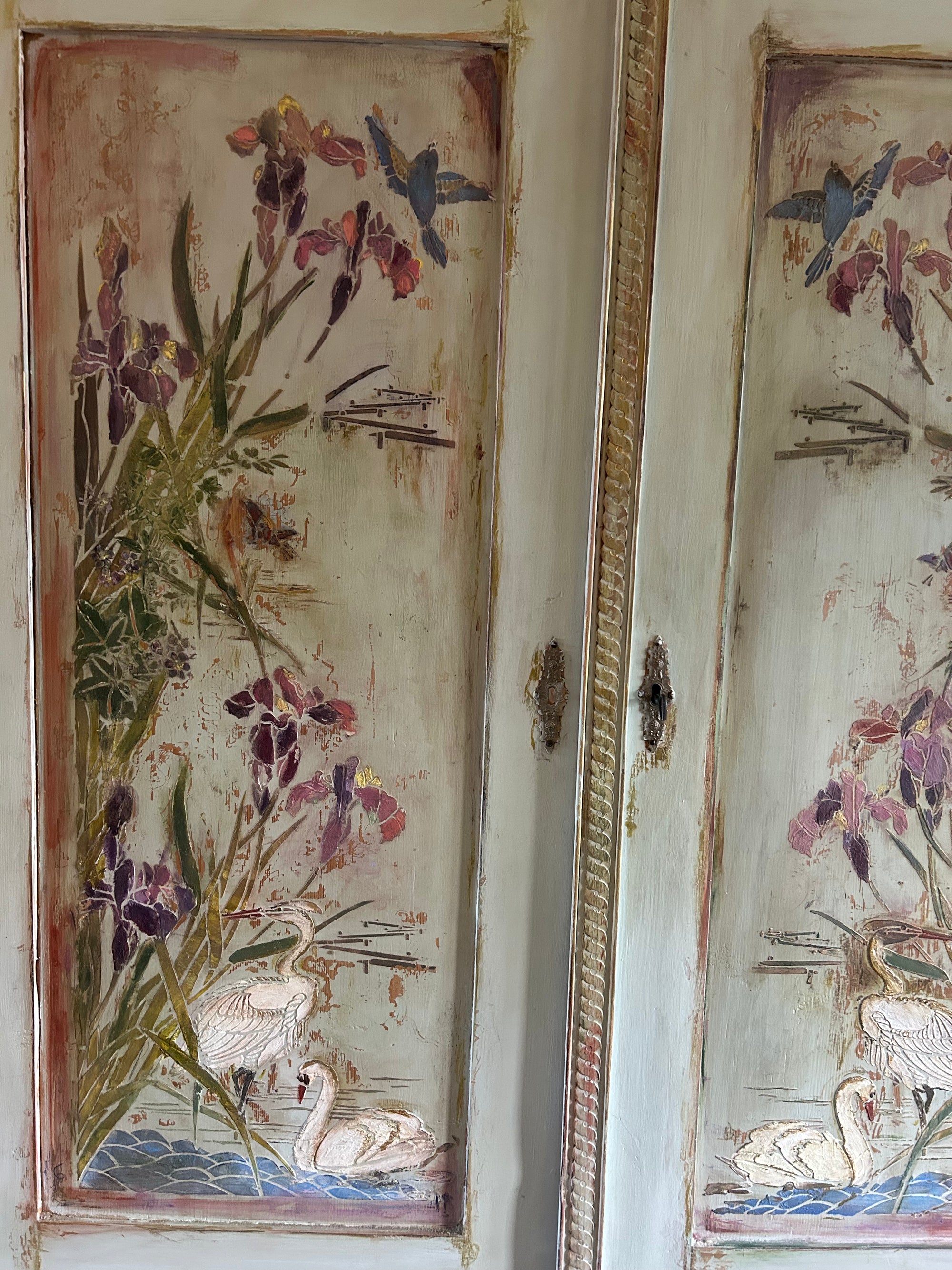 Antique Painted Pine Large Wardrobe with Chinoiserie