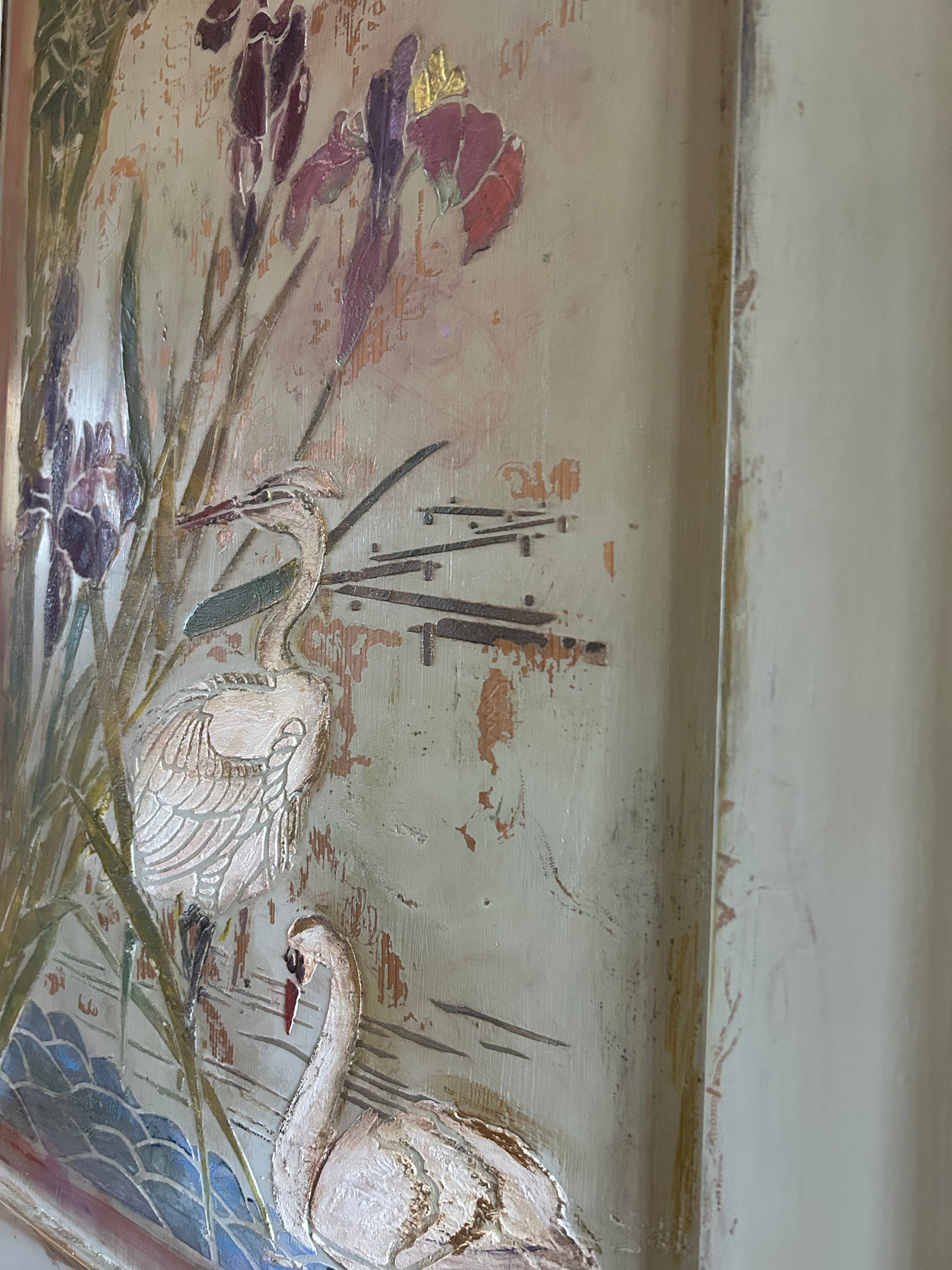 Antique Painted Pine Large Wardrobe with Chinoiserie