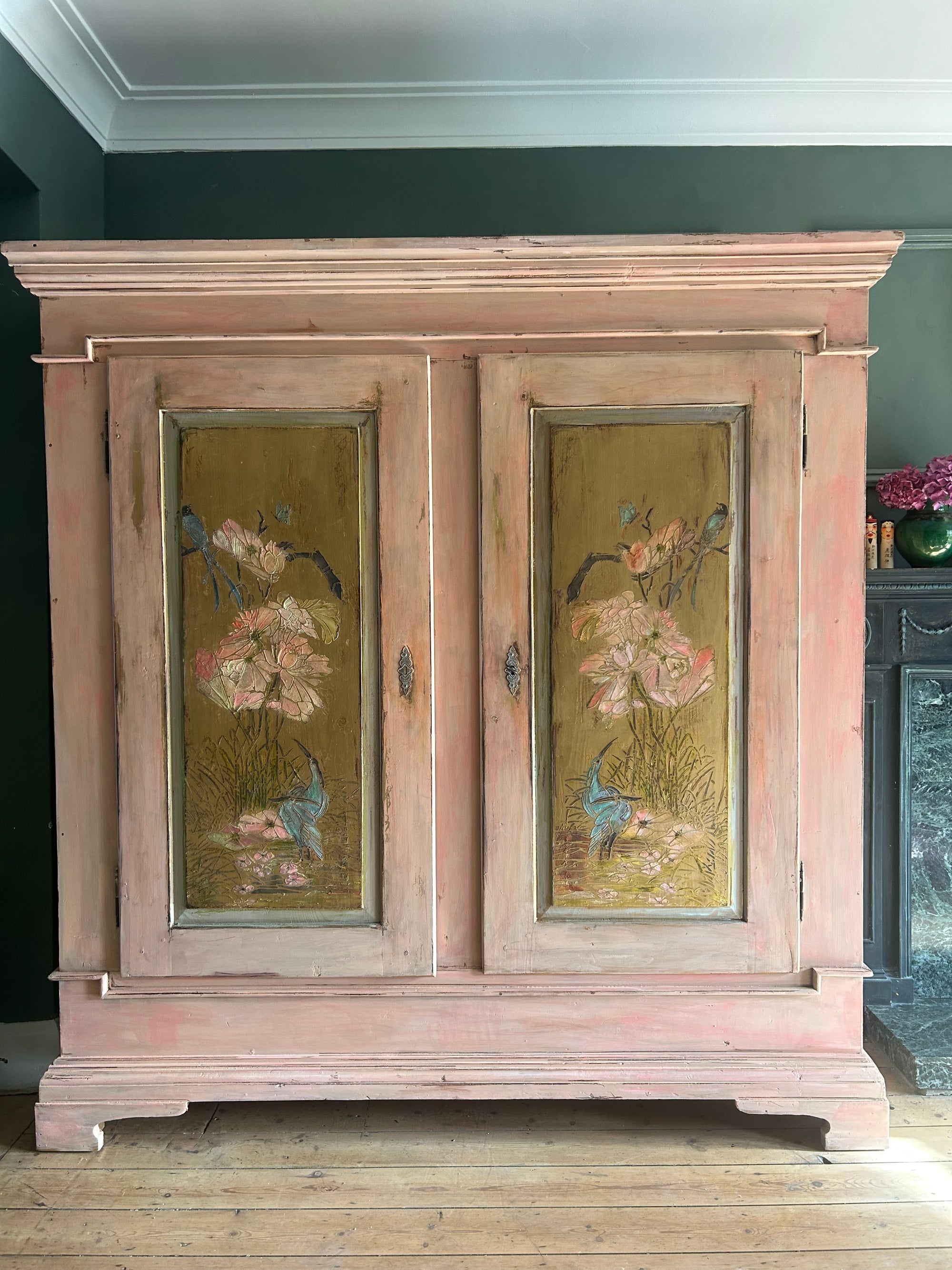 Vintage Painted Pine Large Double Wardrobe with Inlaid Chinoiserie