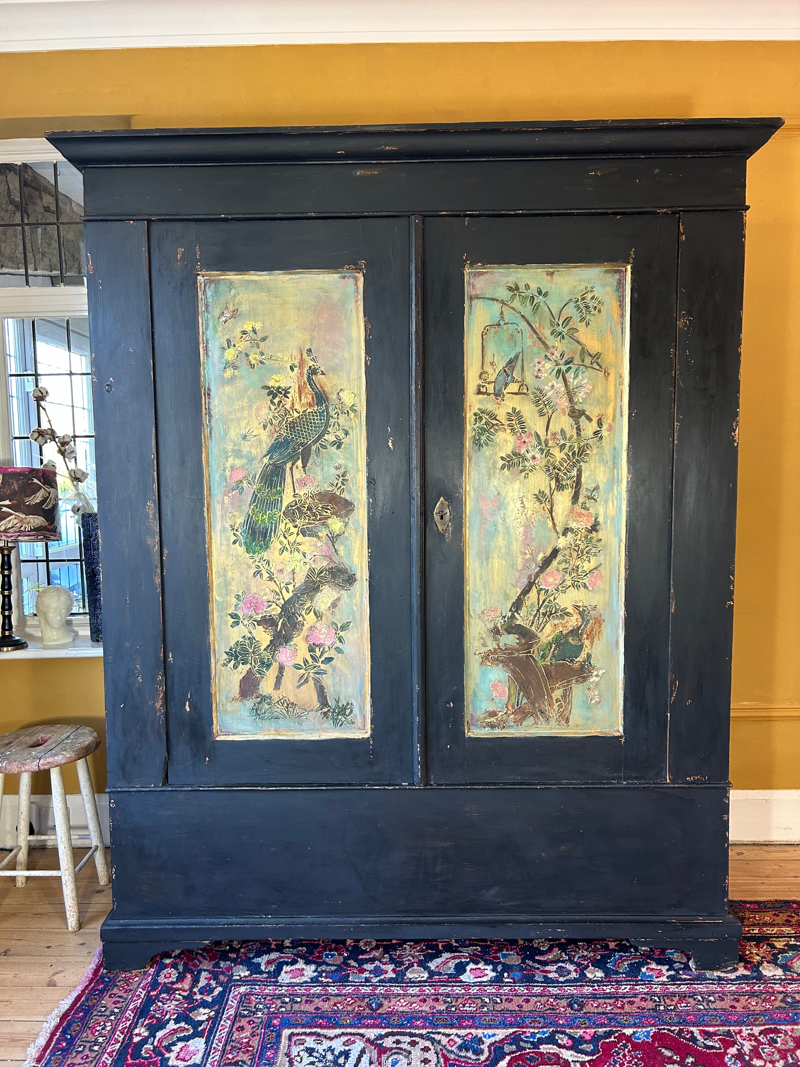 Vintage Painted Pine Double Wardrobe with Inlaid Chinoiserie