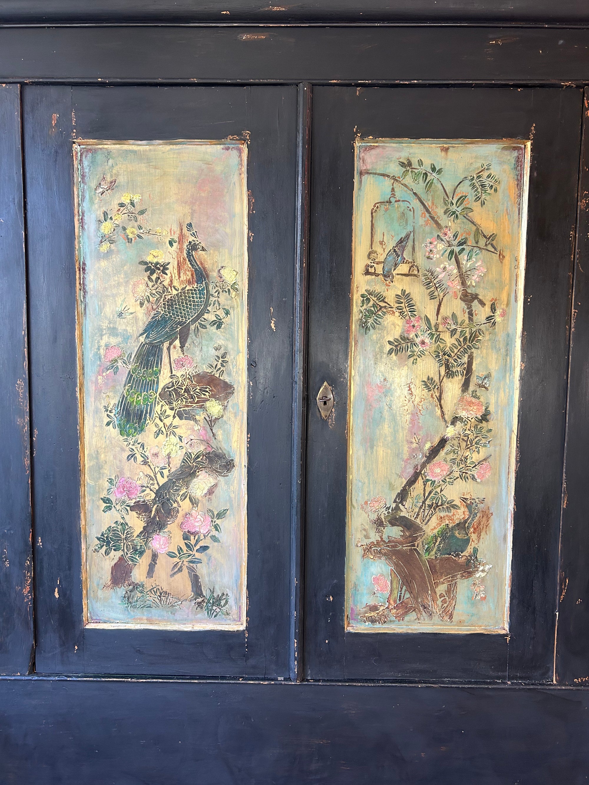 Vintage Painted Pine Double Wardrobe with Inlaid Chinoiserie