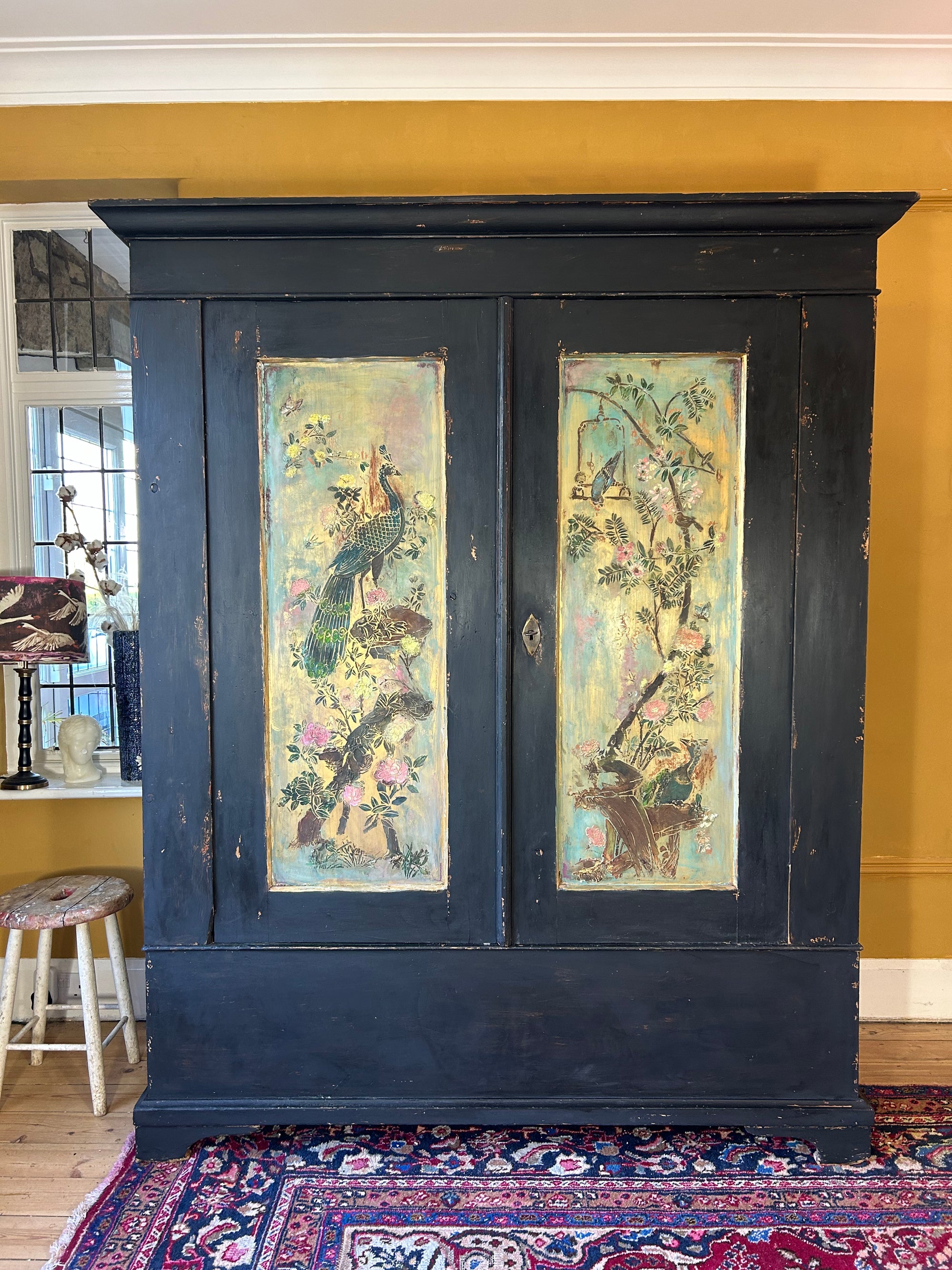 Vintage Painted Pine Double Wardrobe with Inlaid Chinoiserie