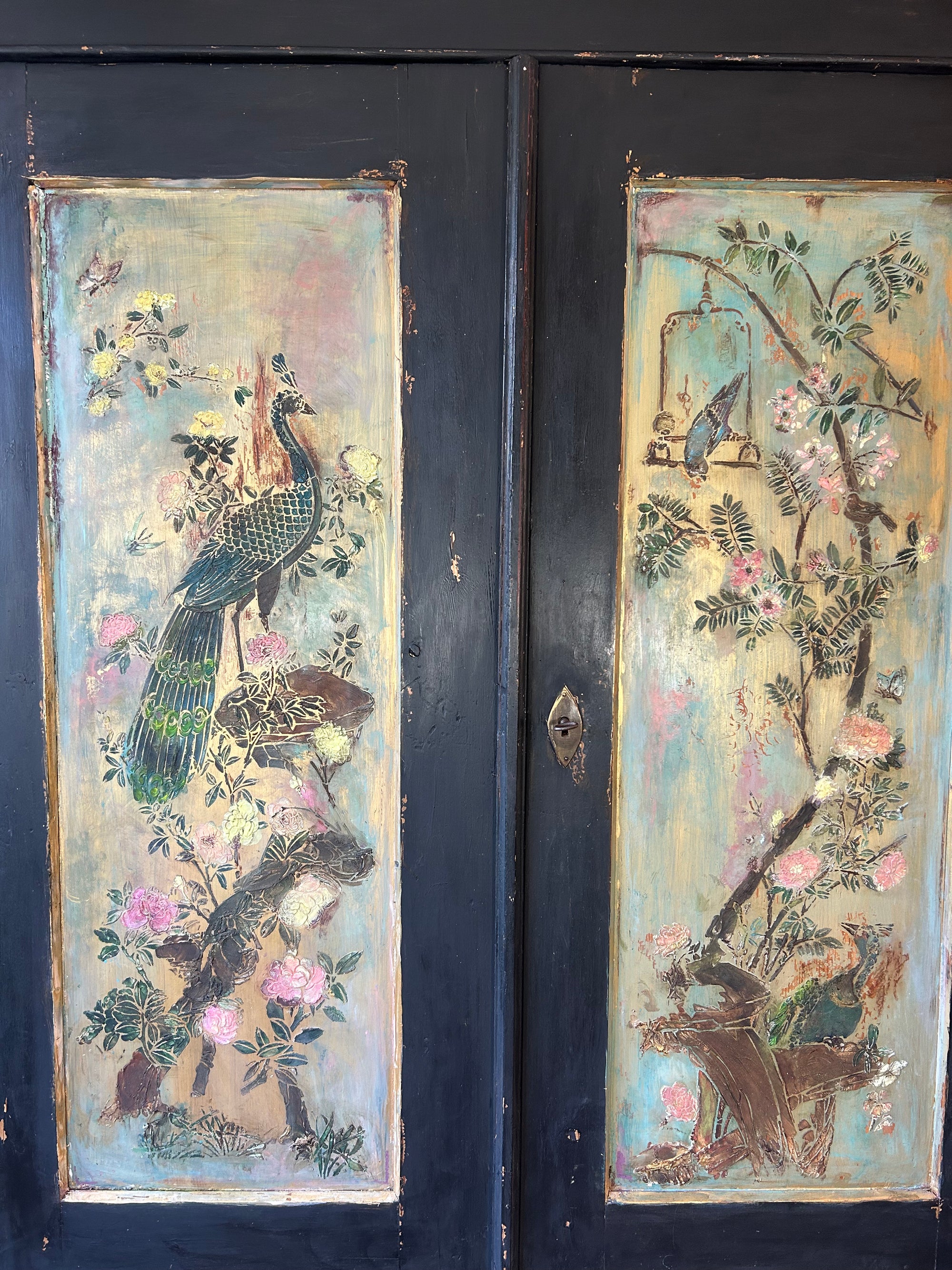 Vintage Painted Pine Double Wardrobe with Inlaid Chinoiserie