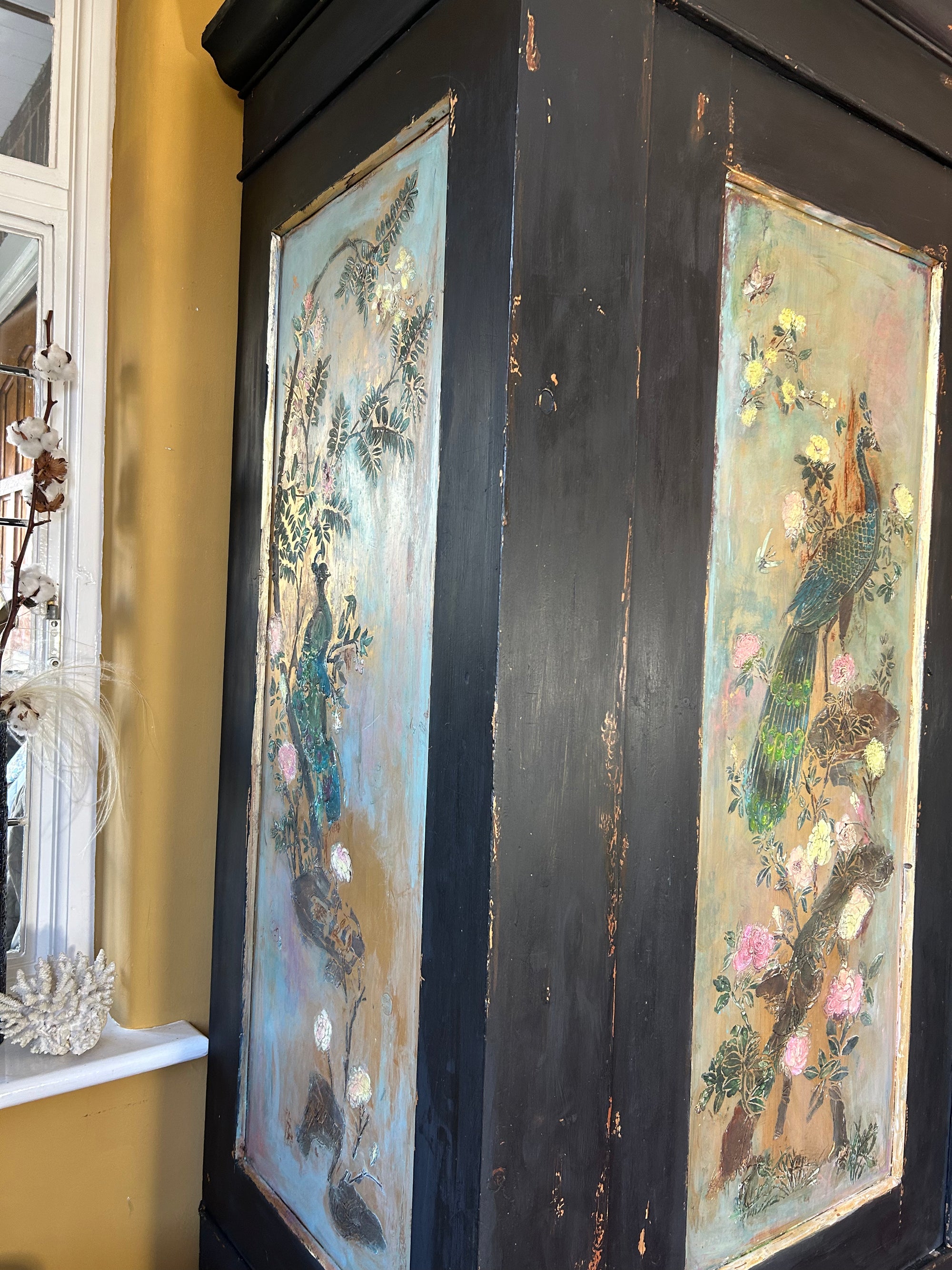 Vintage Painted Pine Double Wardrobe with Inlaid Chinoiserie