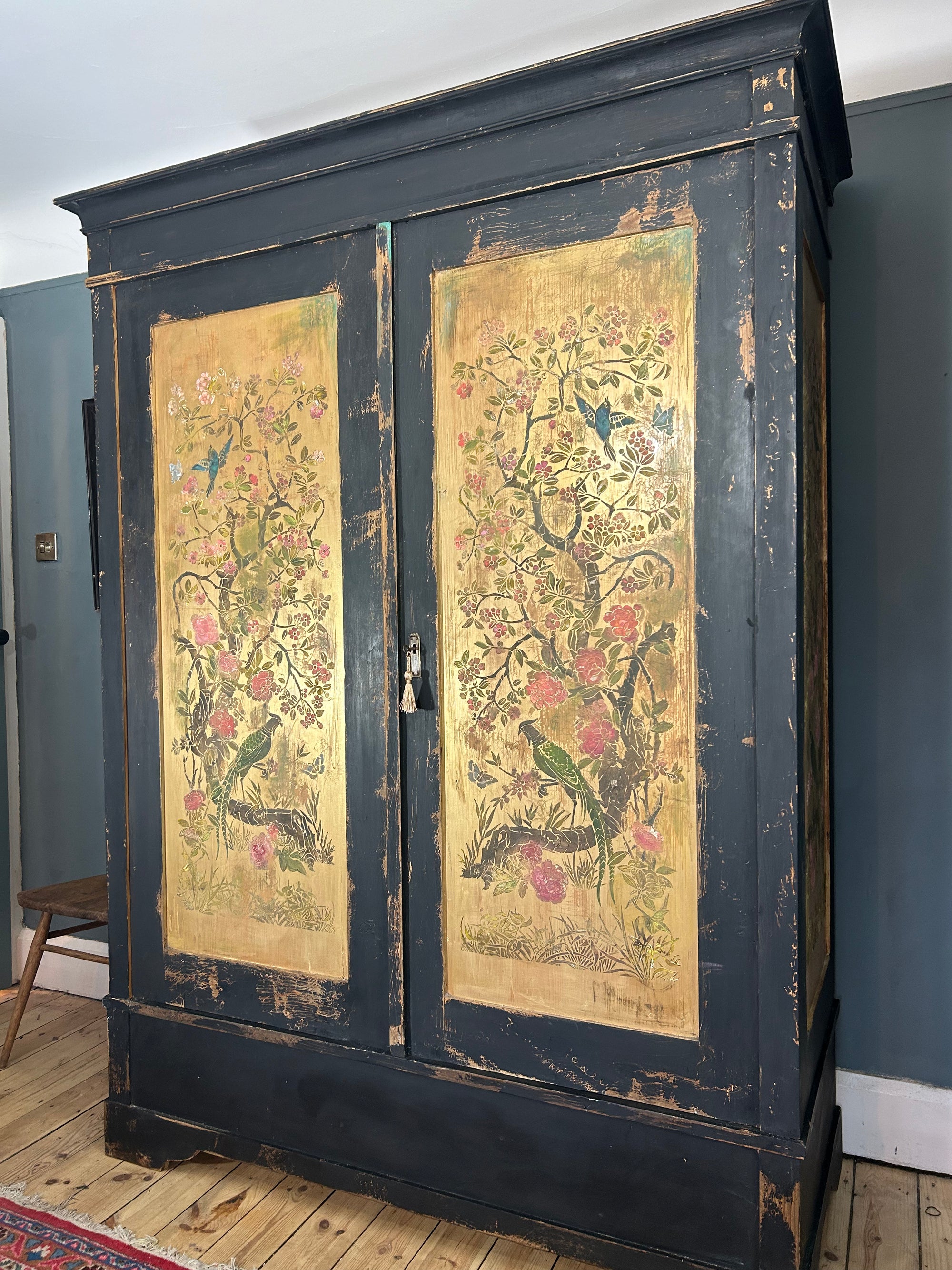 Vintage Painted Pine Double Wardrobe with Inlaid Chinoiserie