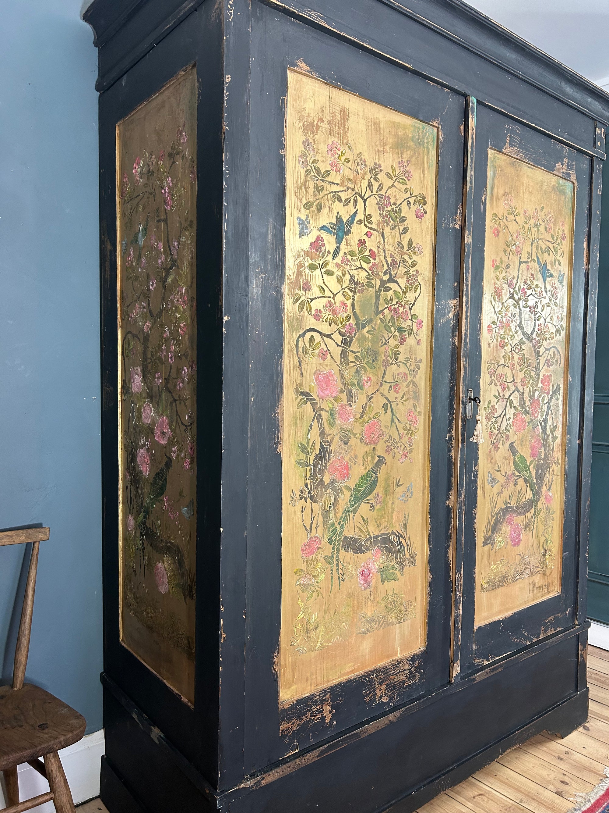 Vintage Painted Pine Double Wardrobe with Inlaid Chinoiserie