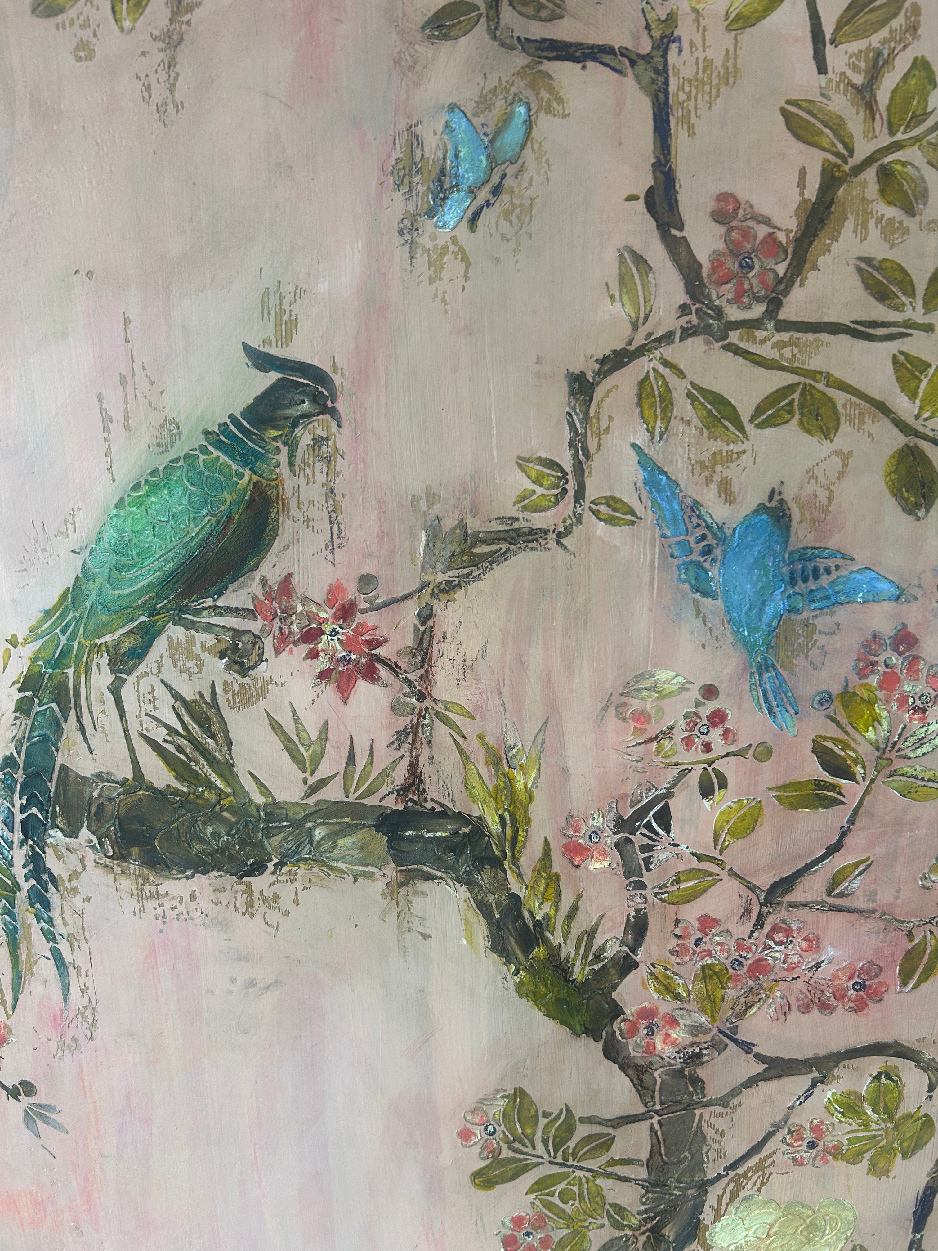 Vintage Painted Pine Armoire with Inlaid Chinoiserie