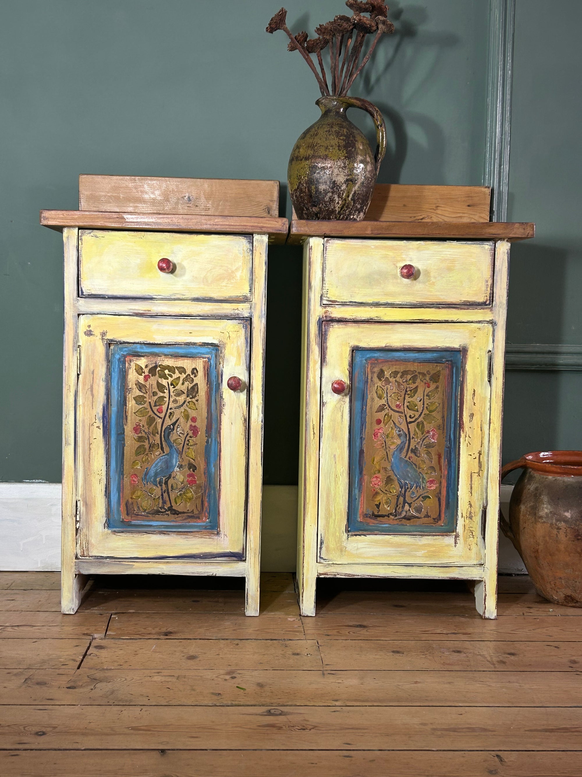 Vintage Painted Pine Bedside Cabinets with Inlaid Chinoiserie