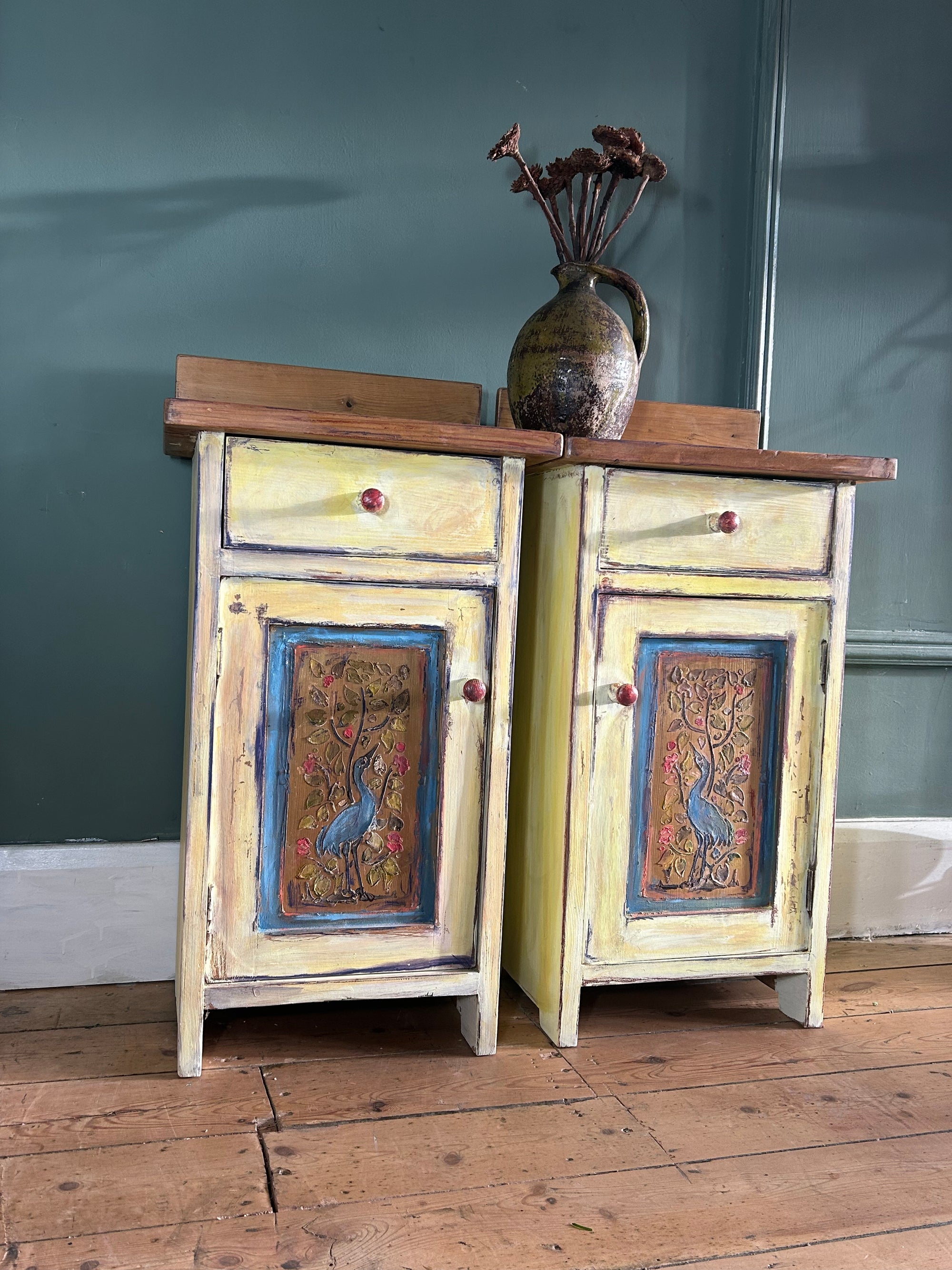 Vintage Painted Pine Bedside Cabinets with Inlaid Chinoiserie