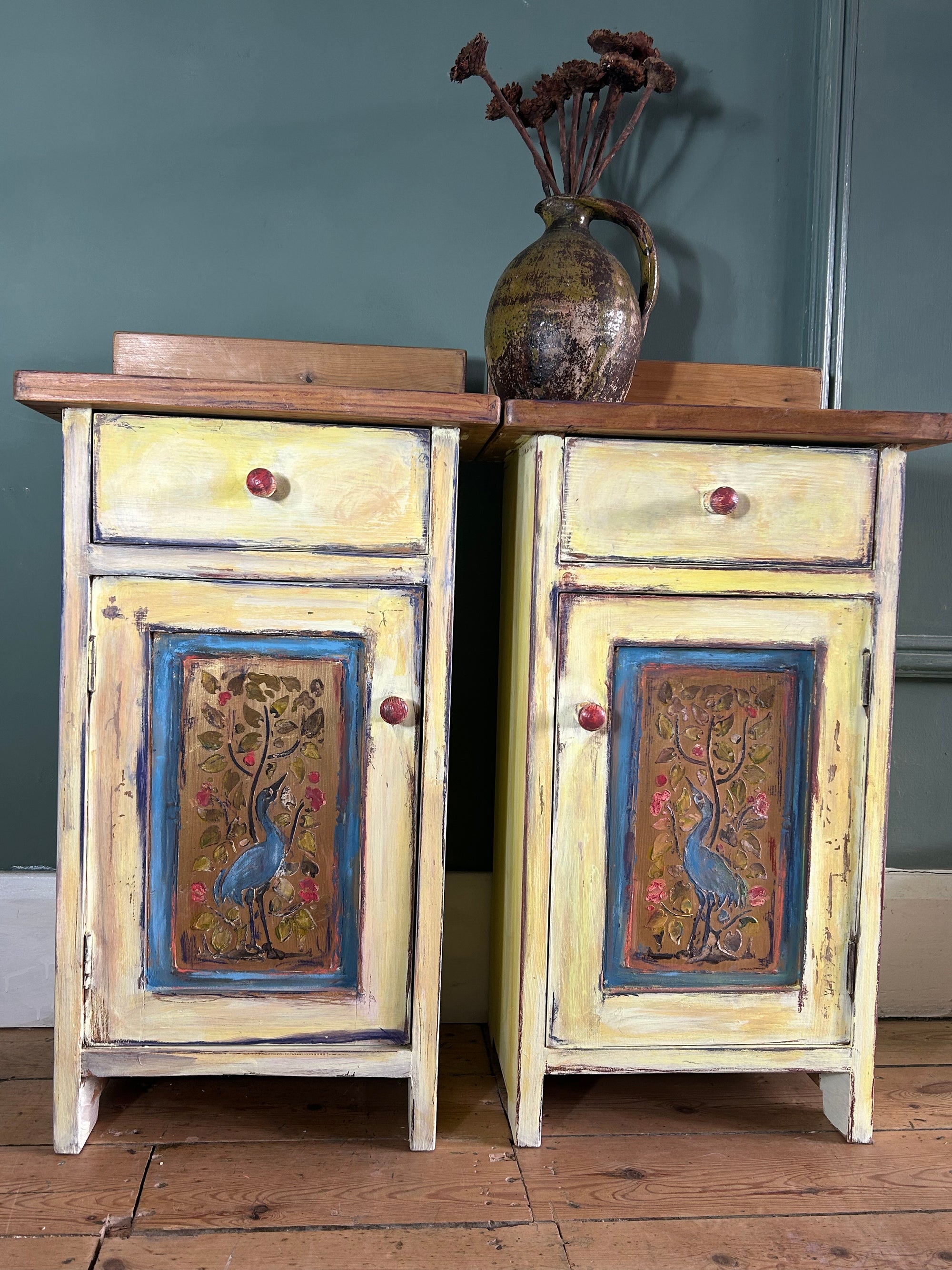 Vintage Painted Pine Bedside Cabinets with Inlaid Chinoiserie