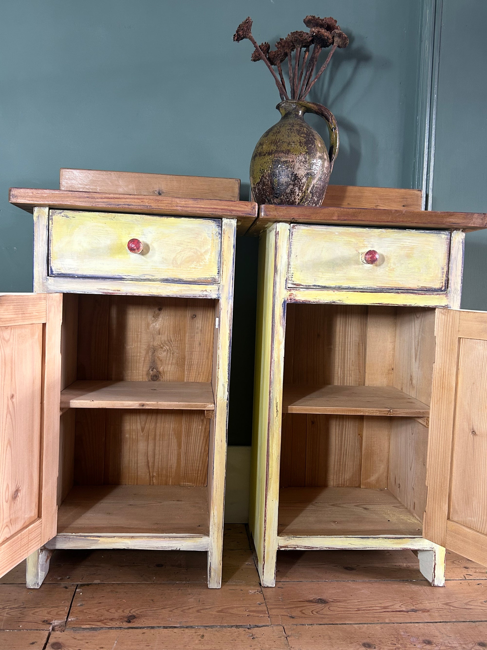 Vintage Painted Pine Bedside Cabinets with Inlaid Chinoiserie