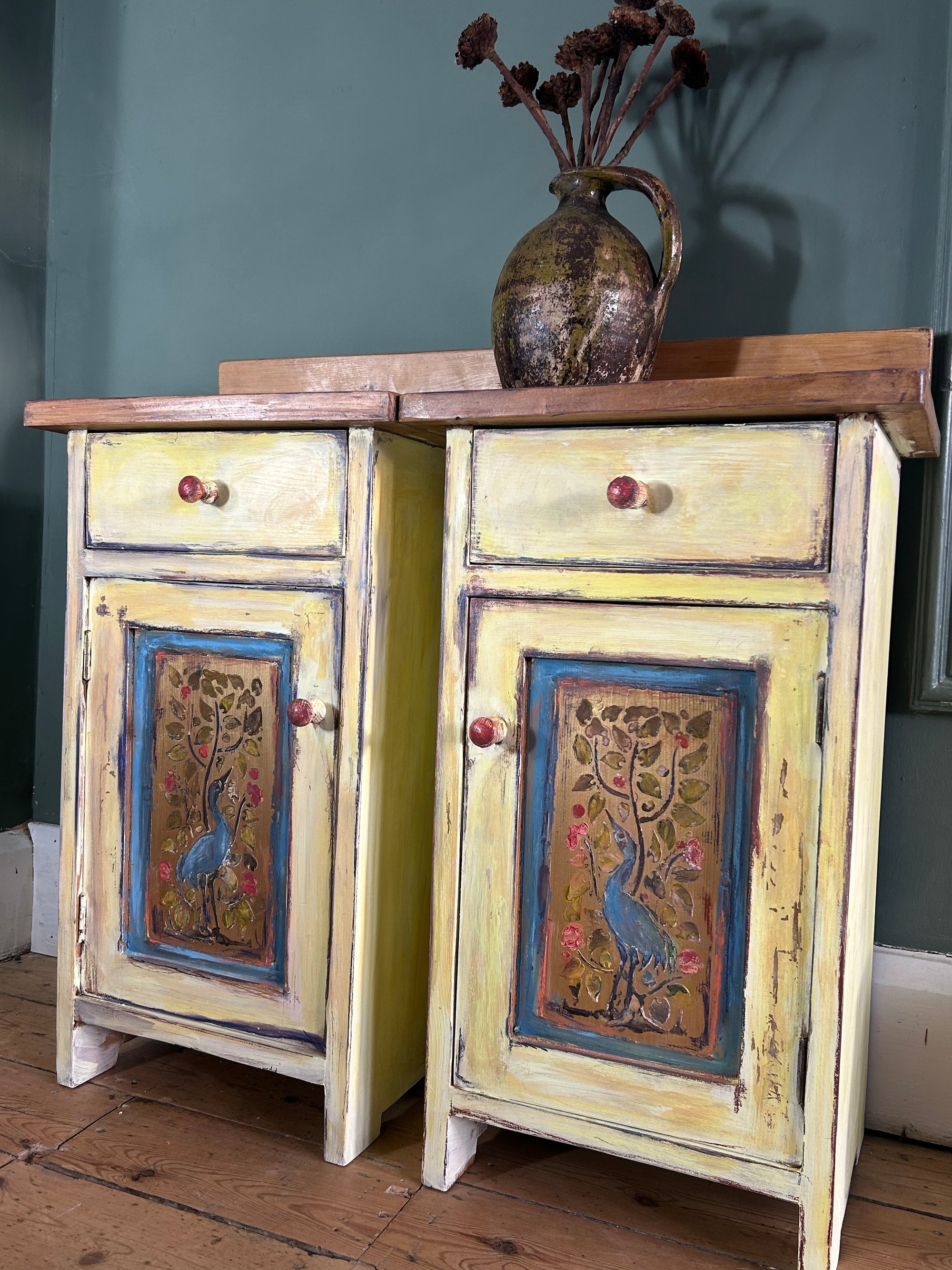 Vintage Painted Pine Bedside Cabinets with Inlaid Chinoiserie