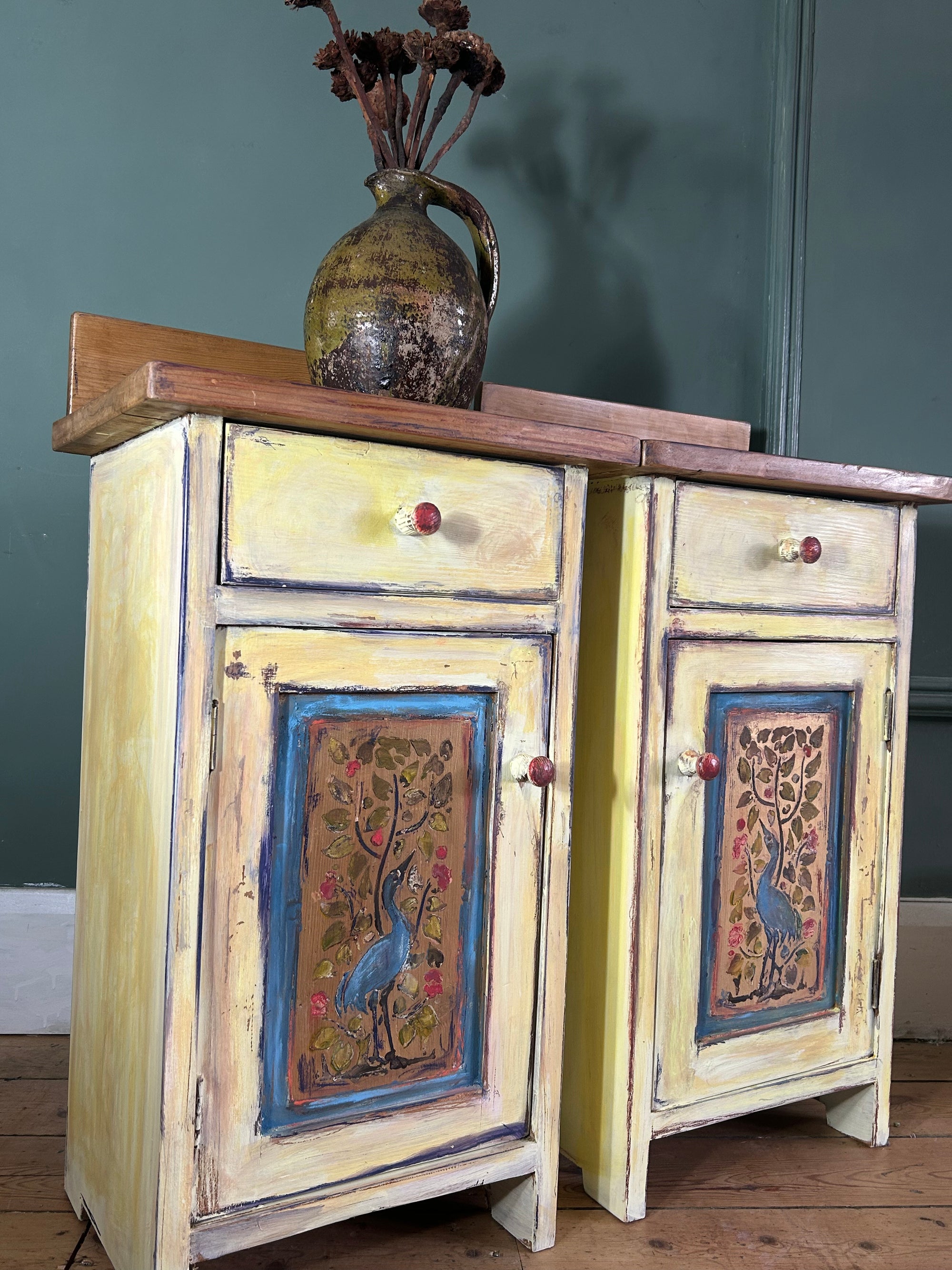 Vintage Painted Pine Bedside Cabinets with Inlaid Chinoiserie