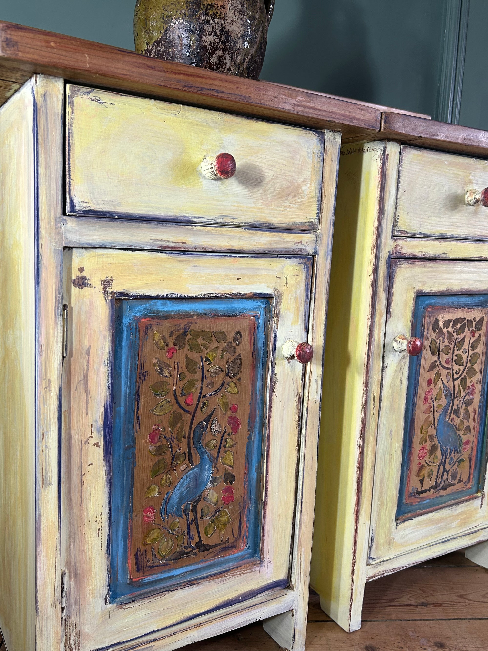 Vintage Painted Pine Bedside Cabinets with Inlaid Chinoiserie