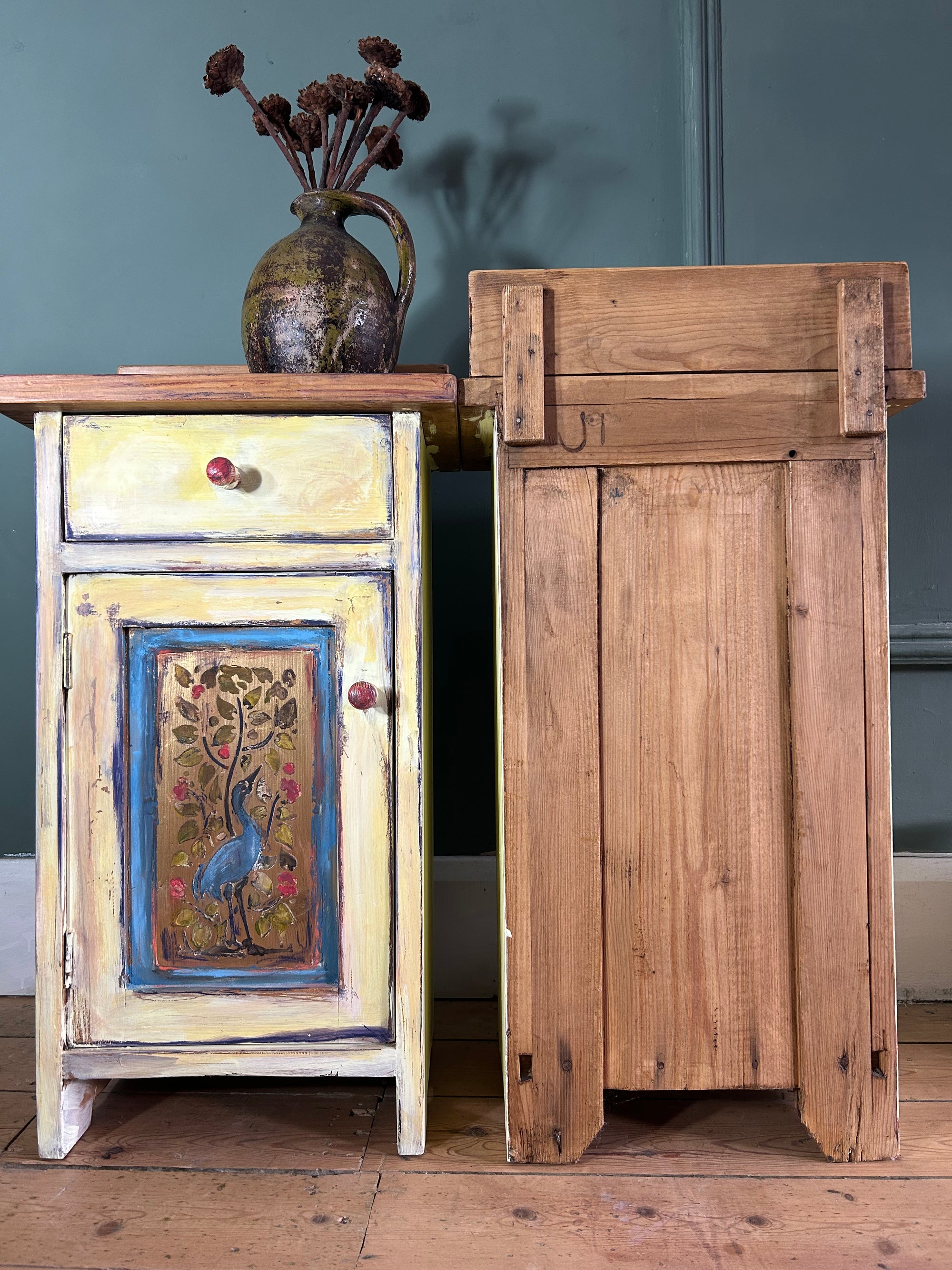 Vintage Painted Pine Bedside Cabinets with Inlaid Chinoiserie