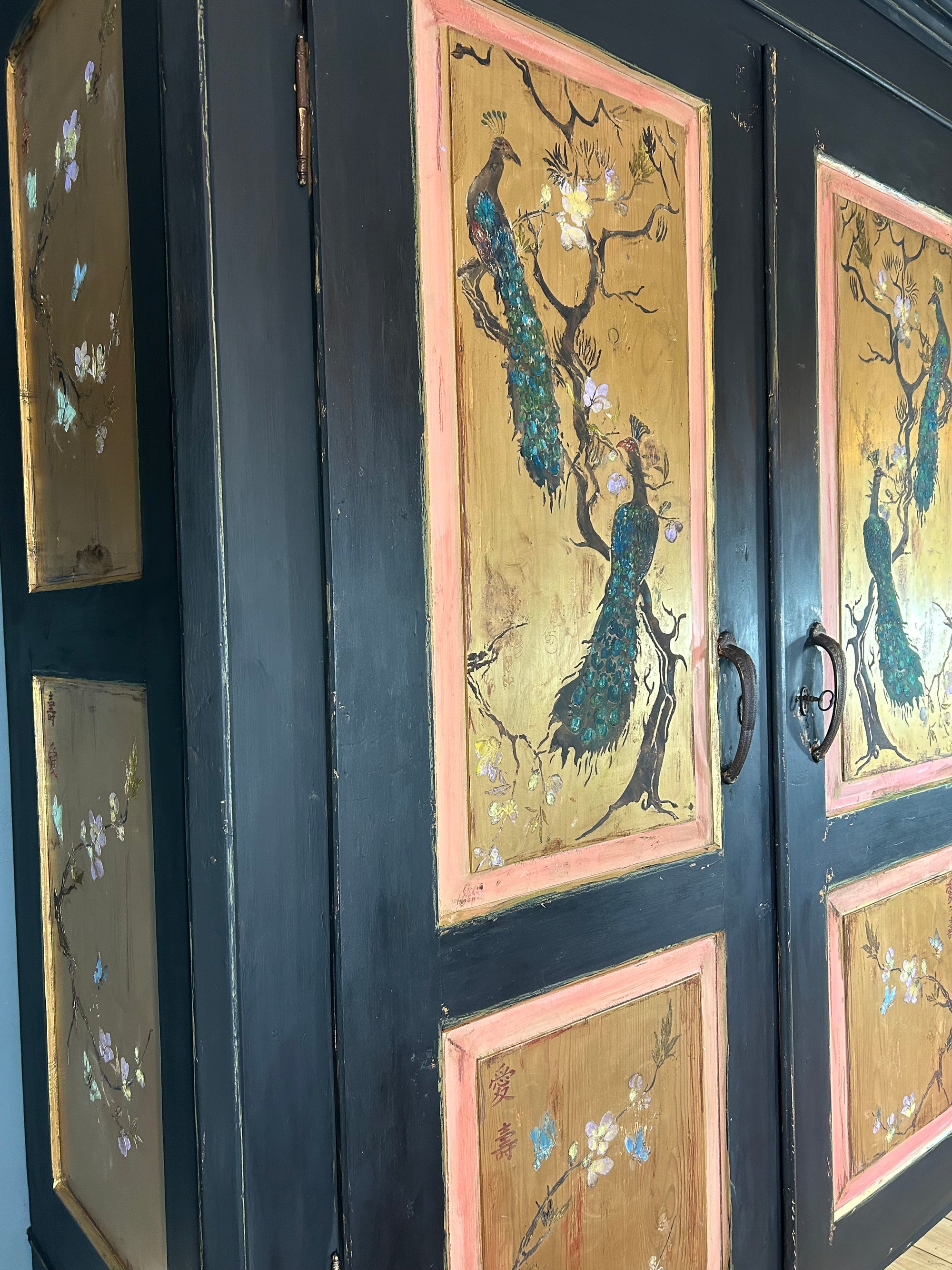 Vintage Painted Pine Double Wardrobe with Inlaid Peacock Chinoiserie