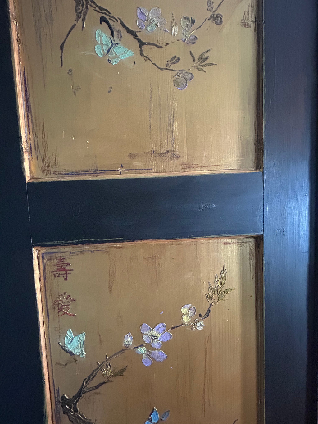 Vintage Painted Pine Double Wardrobe with Inlaid Peacock Chinoiserie