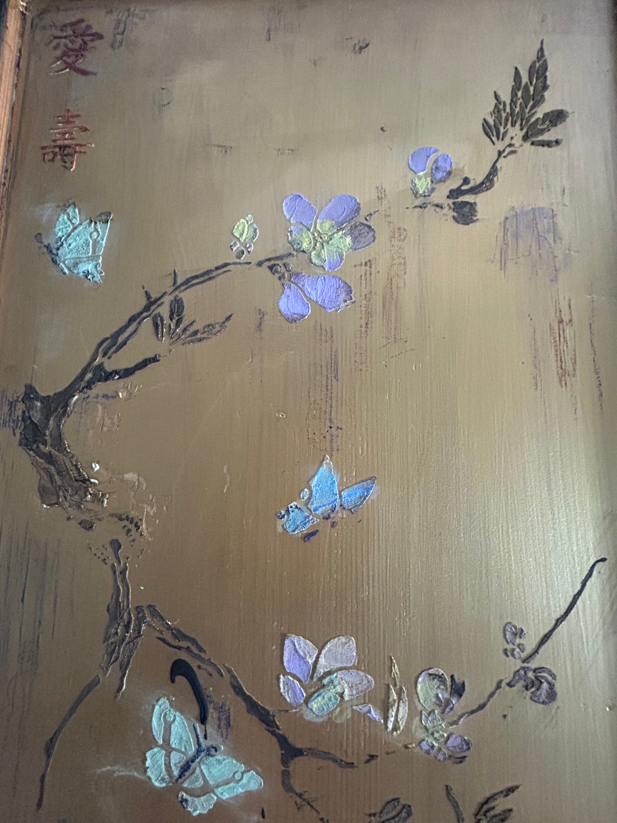 Vintage Painted Pine Double Wardrobe with Inlaid Peacock Chinoiserie