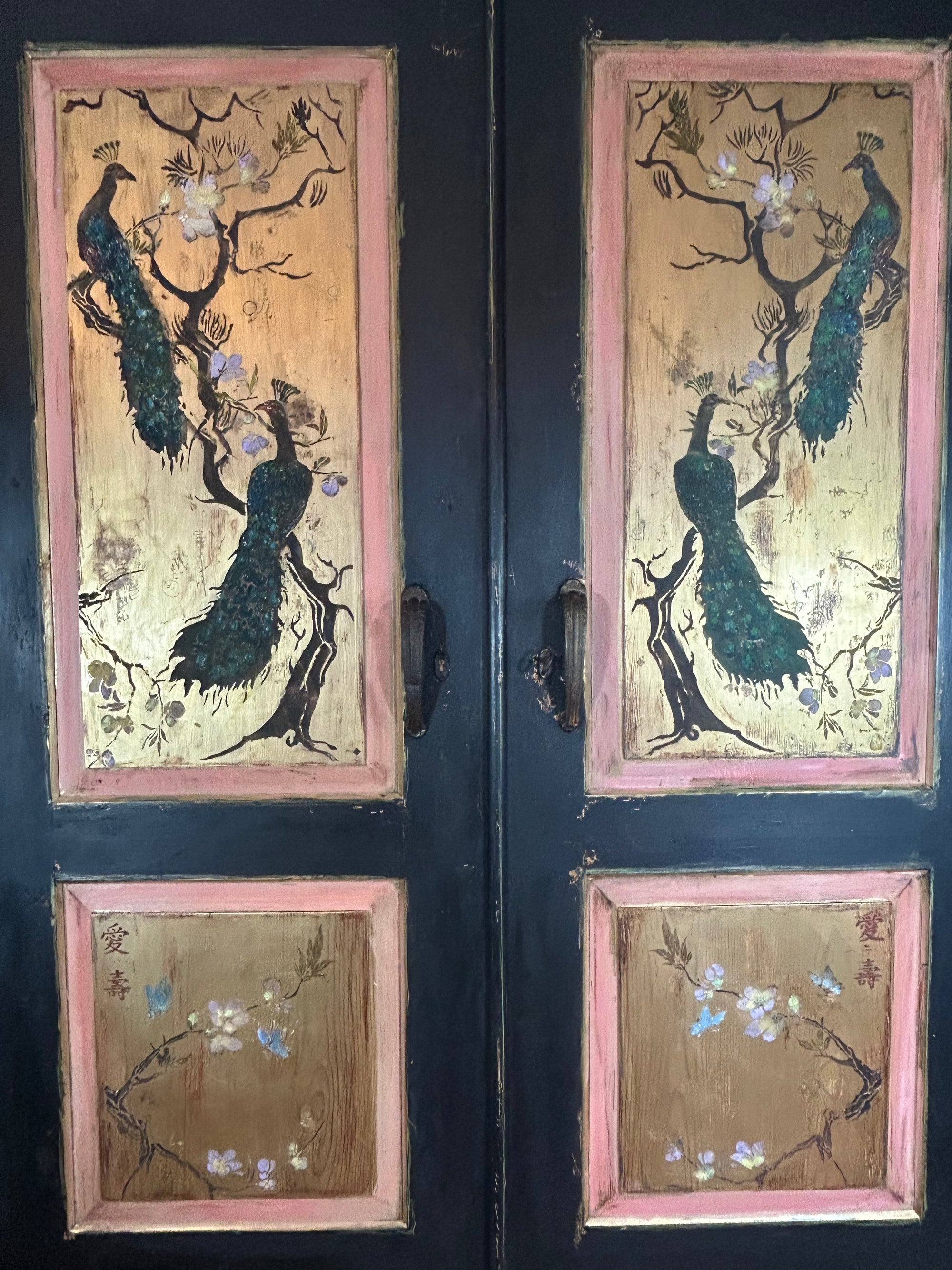 Vintage Painted Pine Double Wardrobe with Inlaid Peacock Chinoiserie