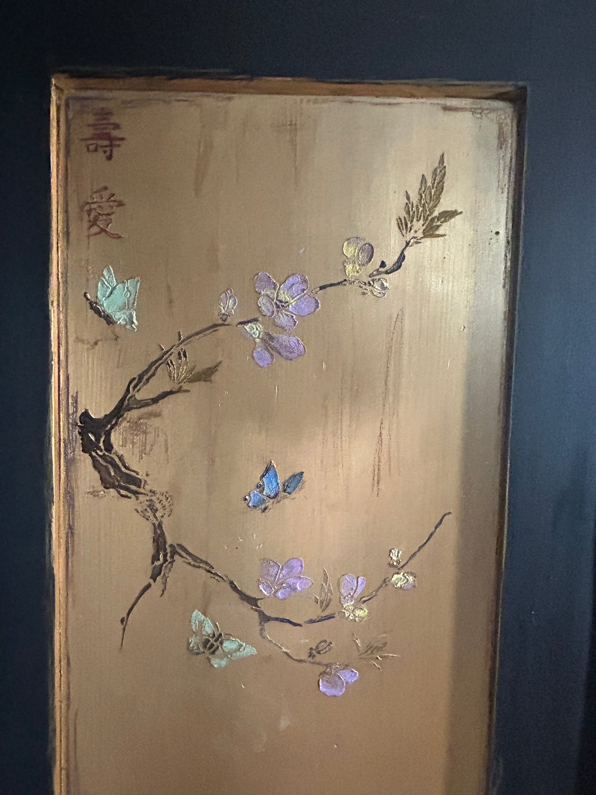 Vintage Painted Pine Double Wardrobe with Inlaid Peacock Chinoiserie