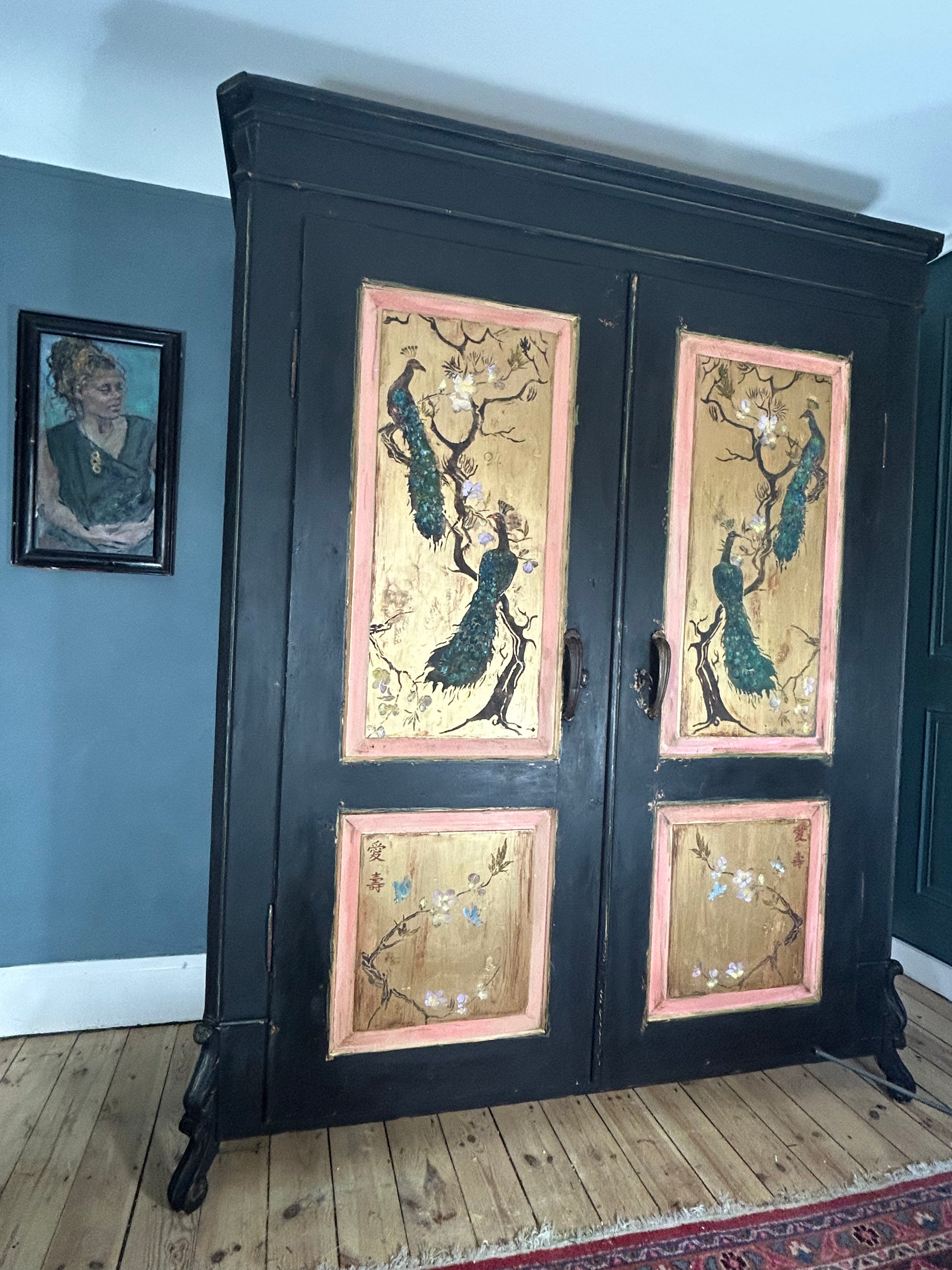 Vintage Painted Pine Double Wardrobe with Inlaid Peacock Chinoiserie