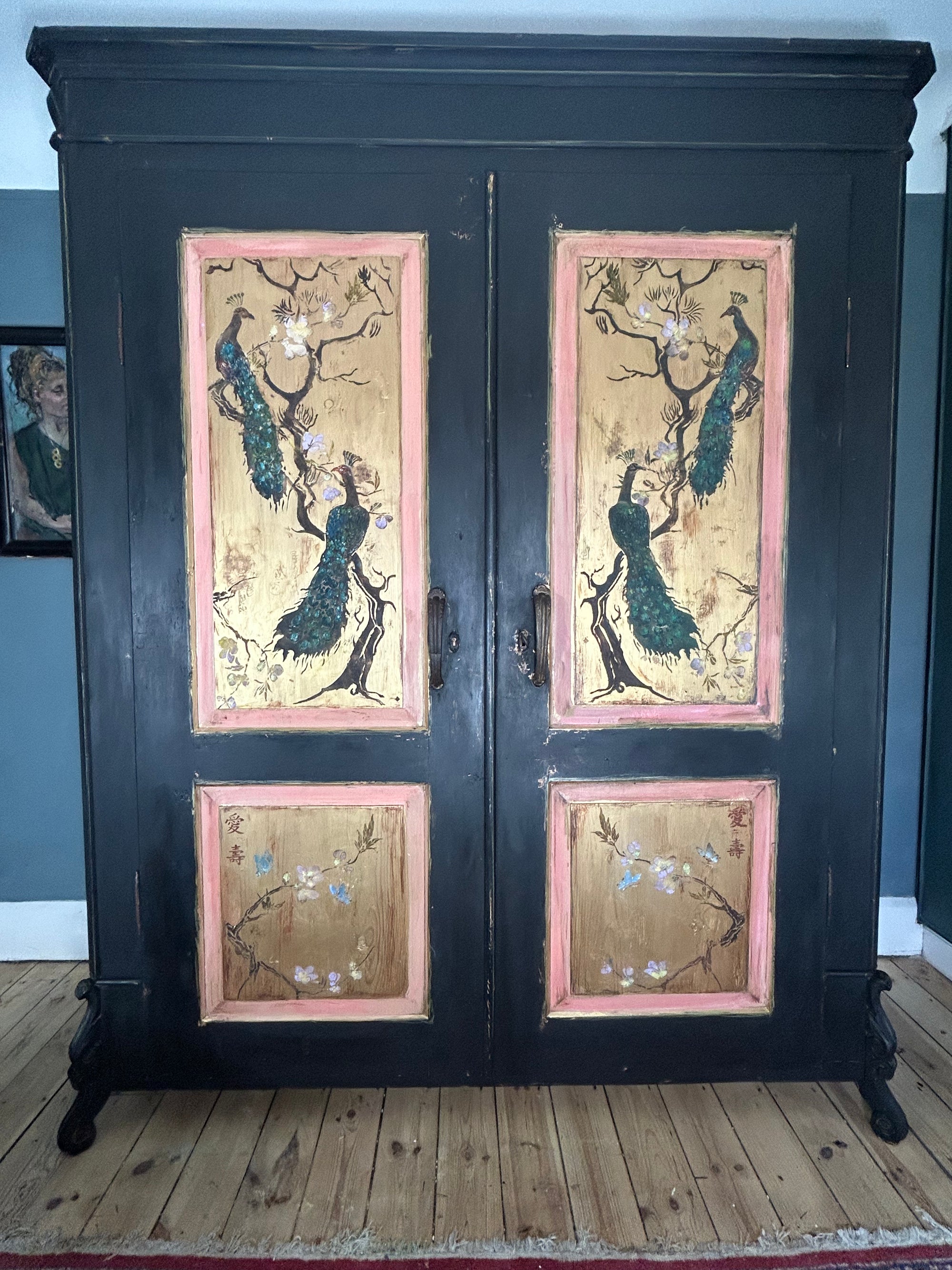 Vintage Painted Pine Double Wardrobe with Inlaid Peacock Chinoiserie