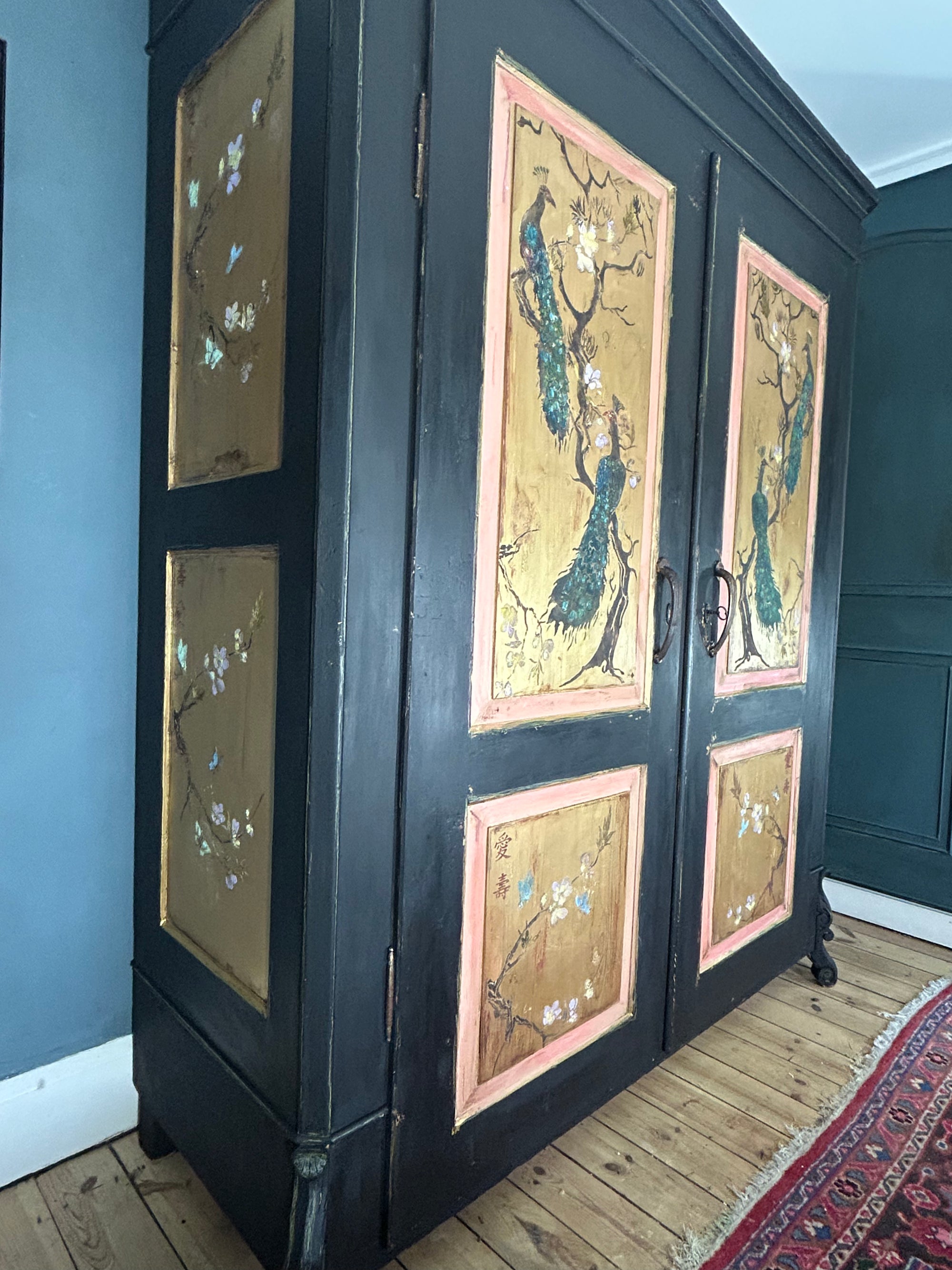 Vintage Painted Pine Double Wardrobe with Inlaid Peacock Chinoiserie