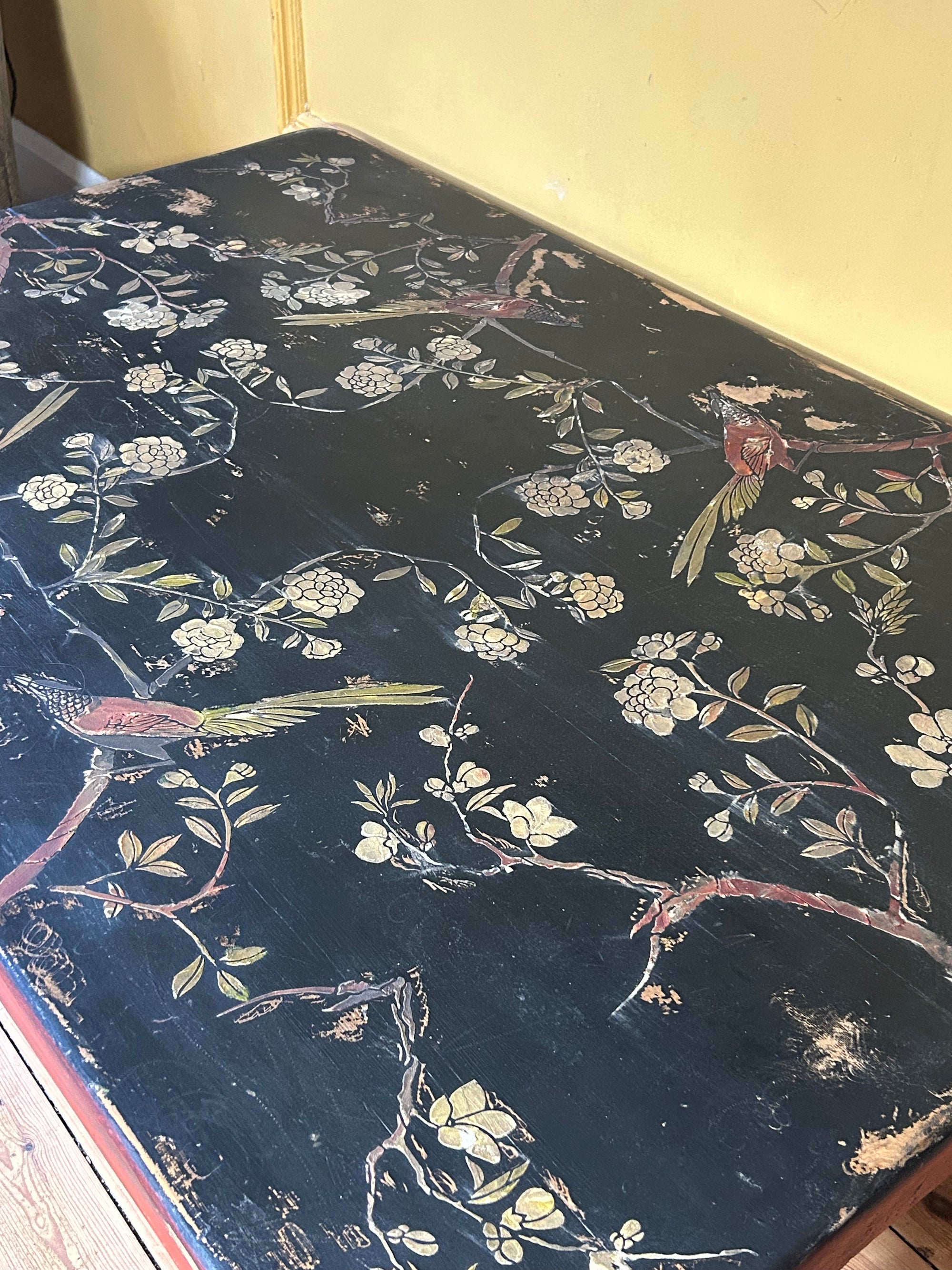 Vintage Painted Pine Coffee Table with Inlaid Chinoiserie