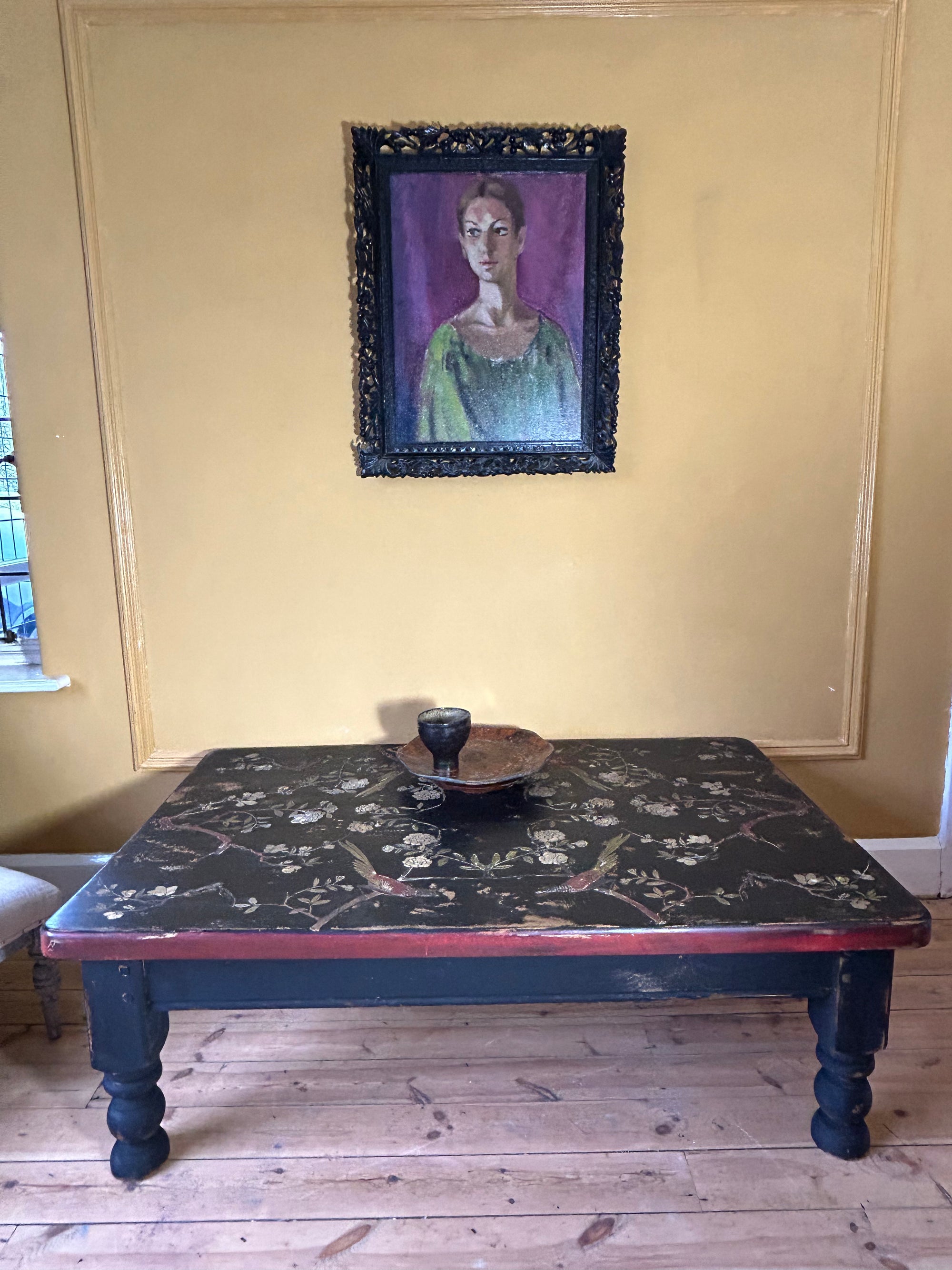 Vintage Painted Pine Coffee Table with Inlaid Chinoiserie