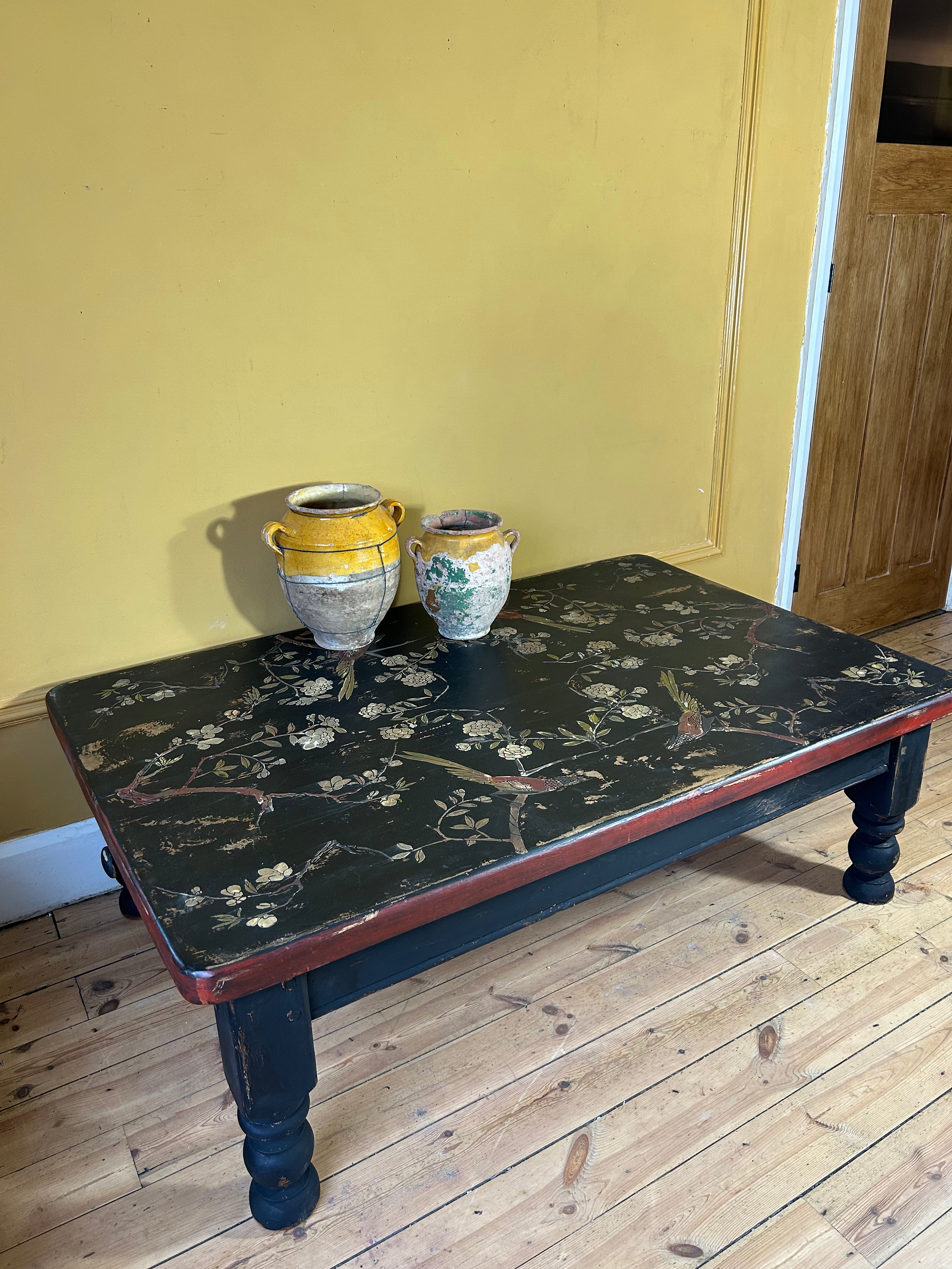 Vintage Painted Pine Coffee Table with Inlaid Chinoiserie