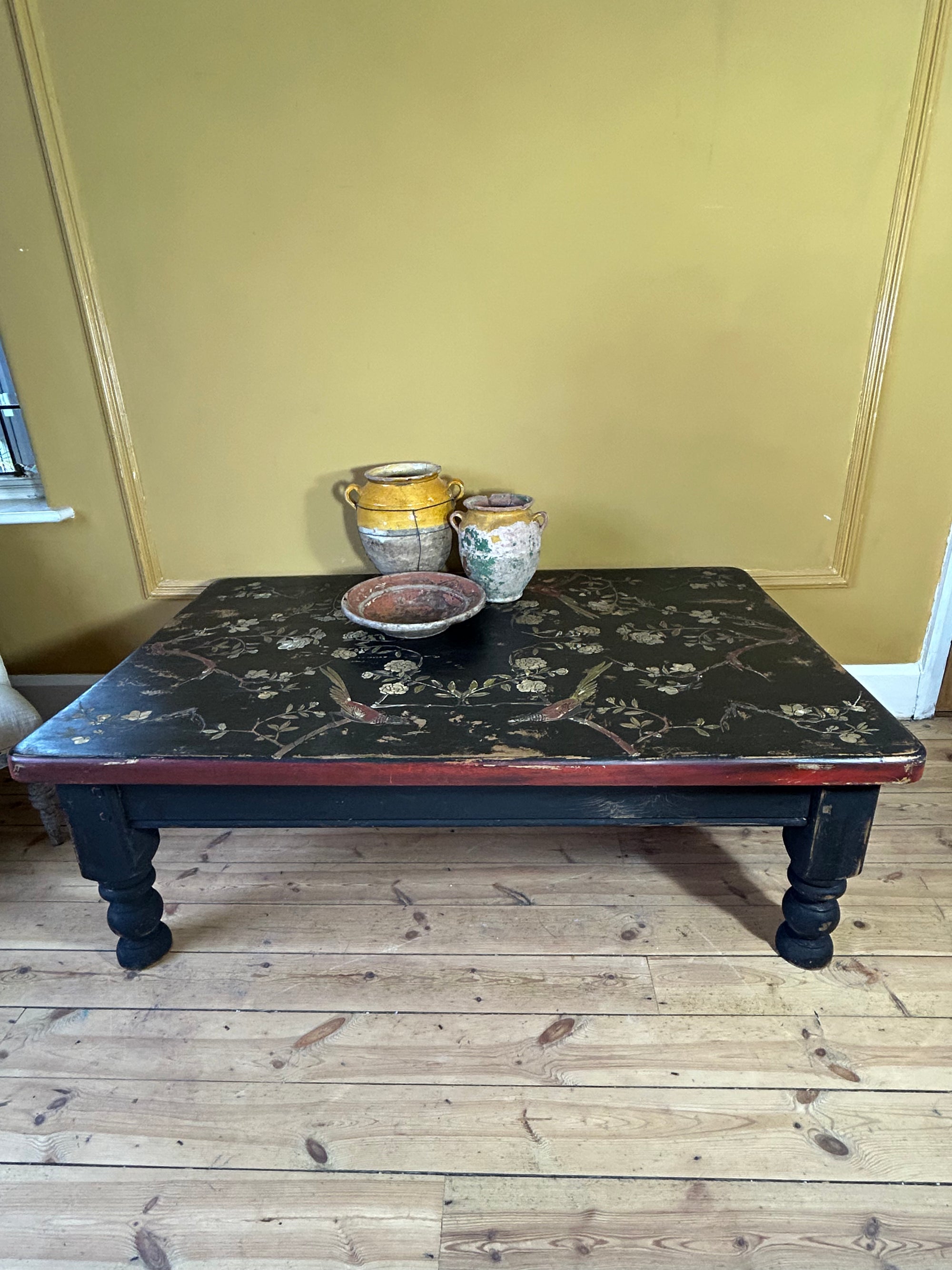 Vintage Painted Pine Coffee Table with Inlaid Chinoiserie