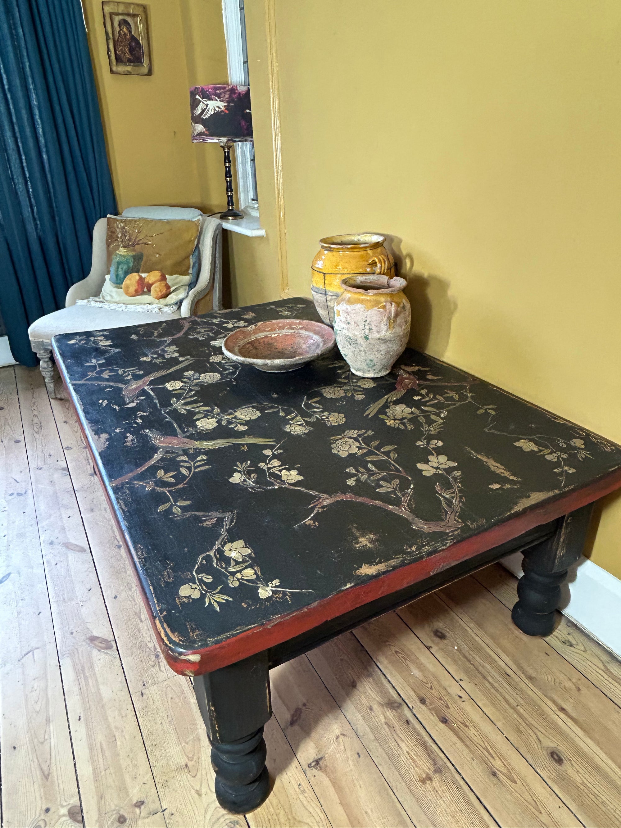 Vintage Painted Pine Coffee Table with Inlaid Chinoiserie