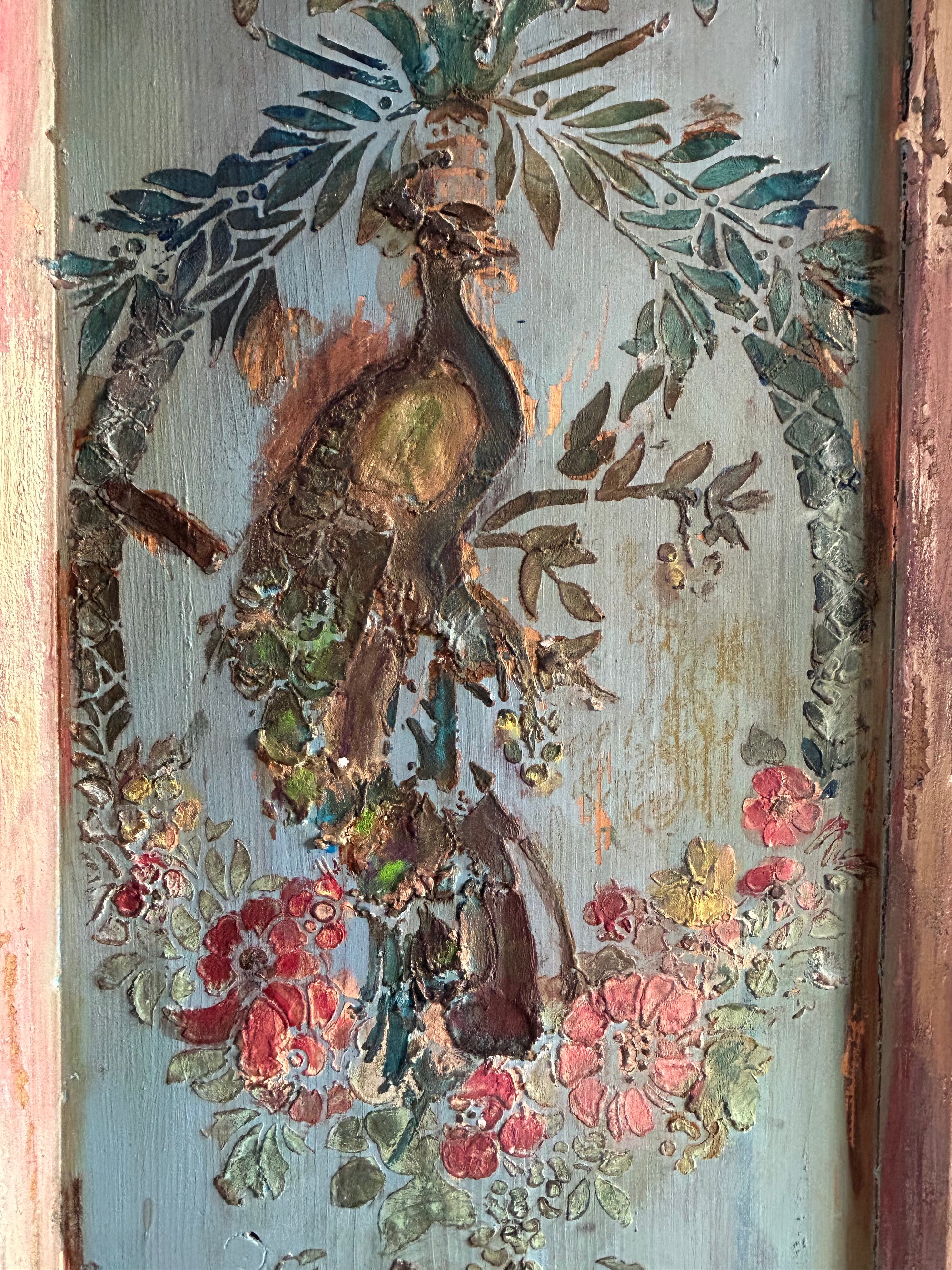 Vintage French Linen Press with Inlaid Chinoiserie Panels