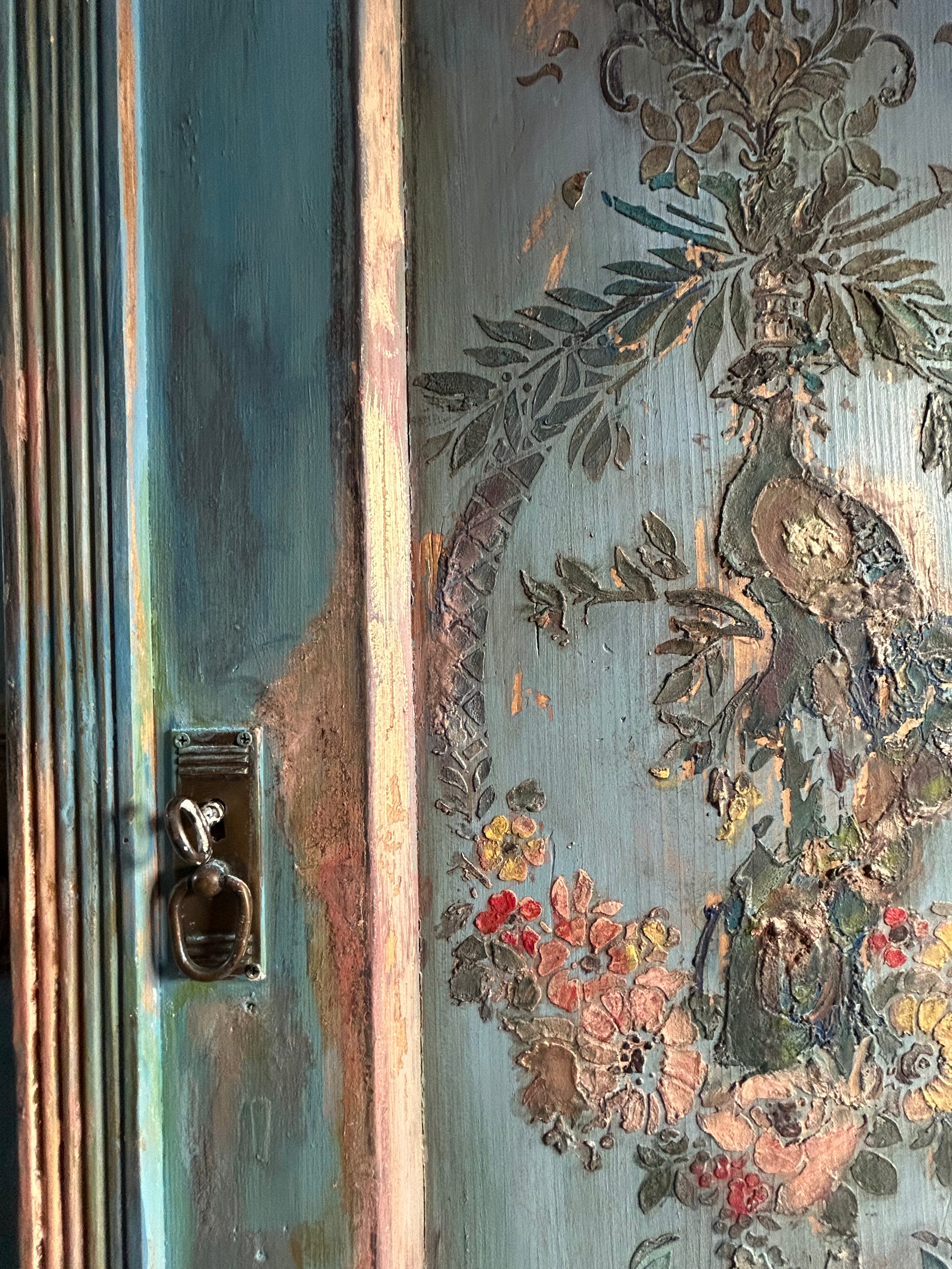 Vintage French Linen Press with Inlaid Chinoiserie Panels