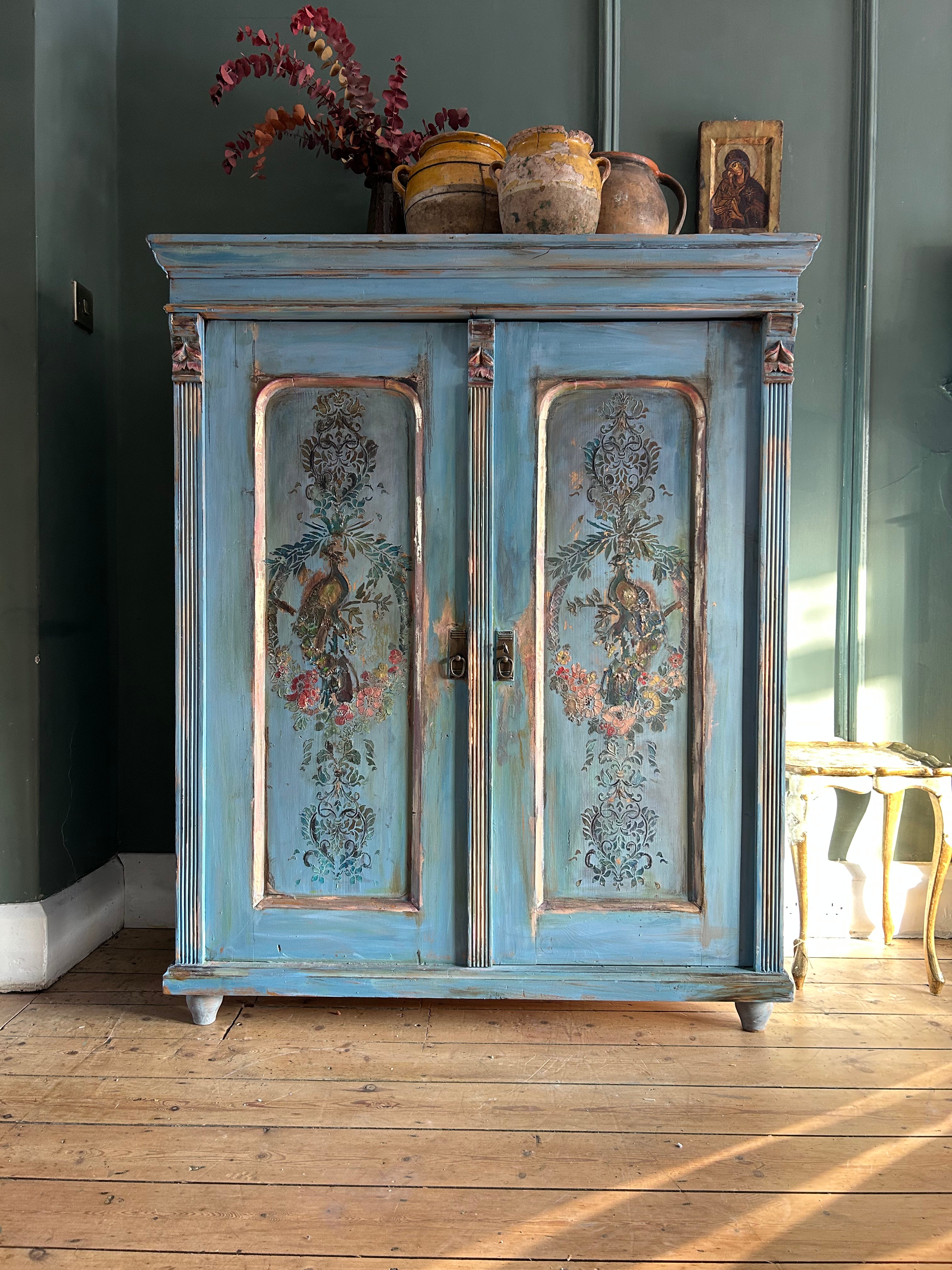 Vintage French Linen Press with Inlaid Chinoiserie Panels