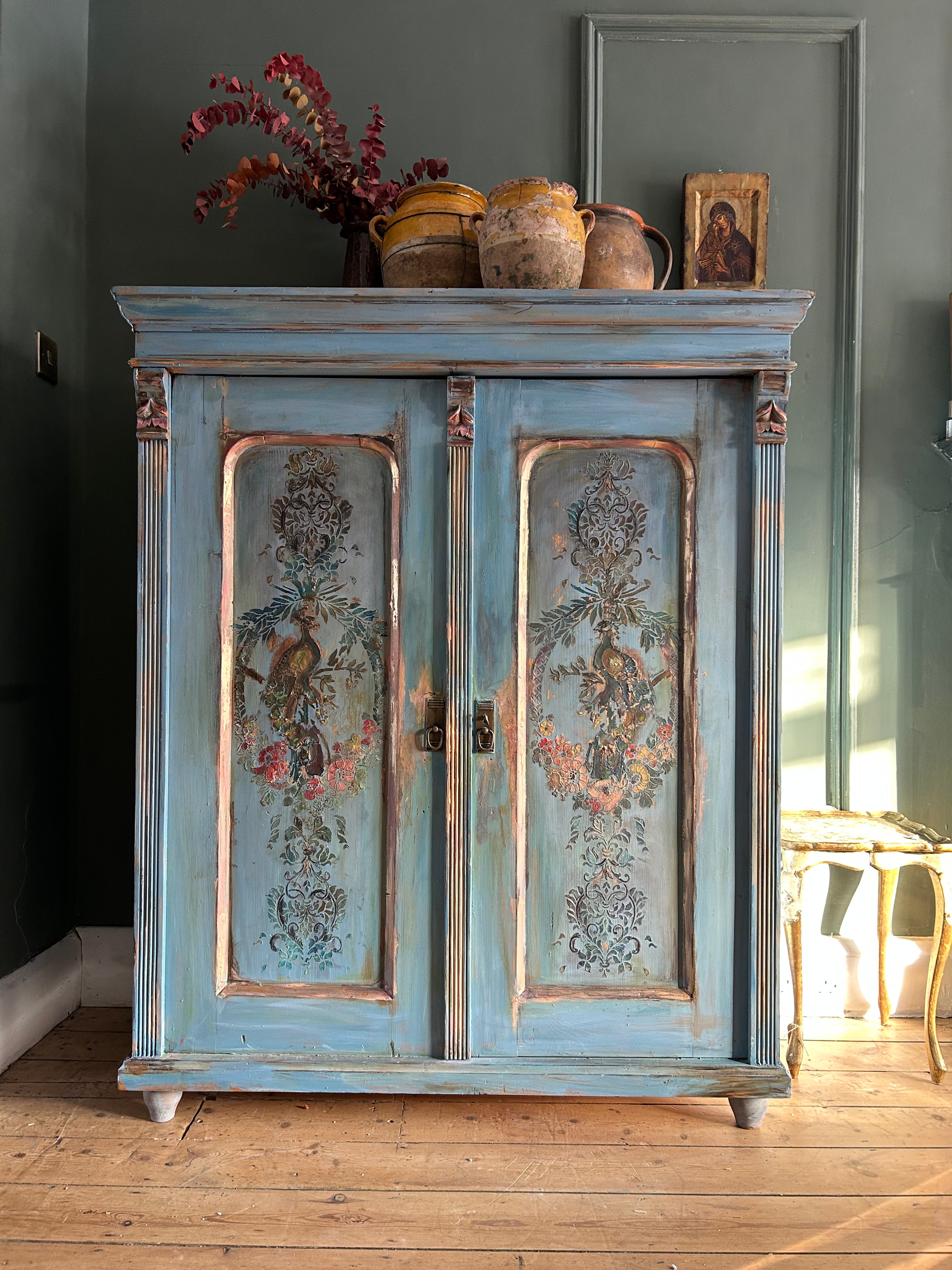 Vintage French Linen Press with Inlaid Chinoiserie Panels